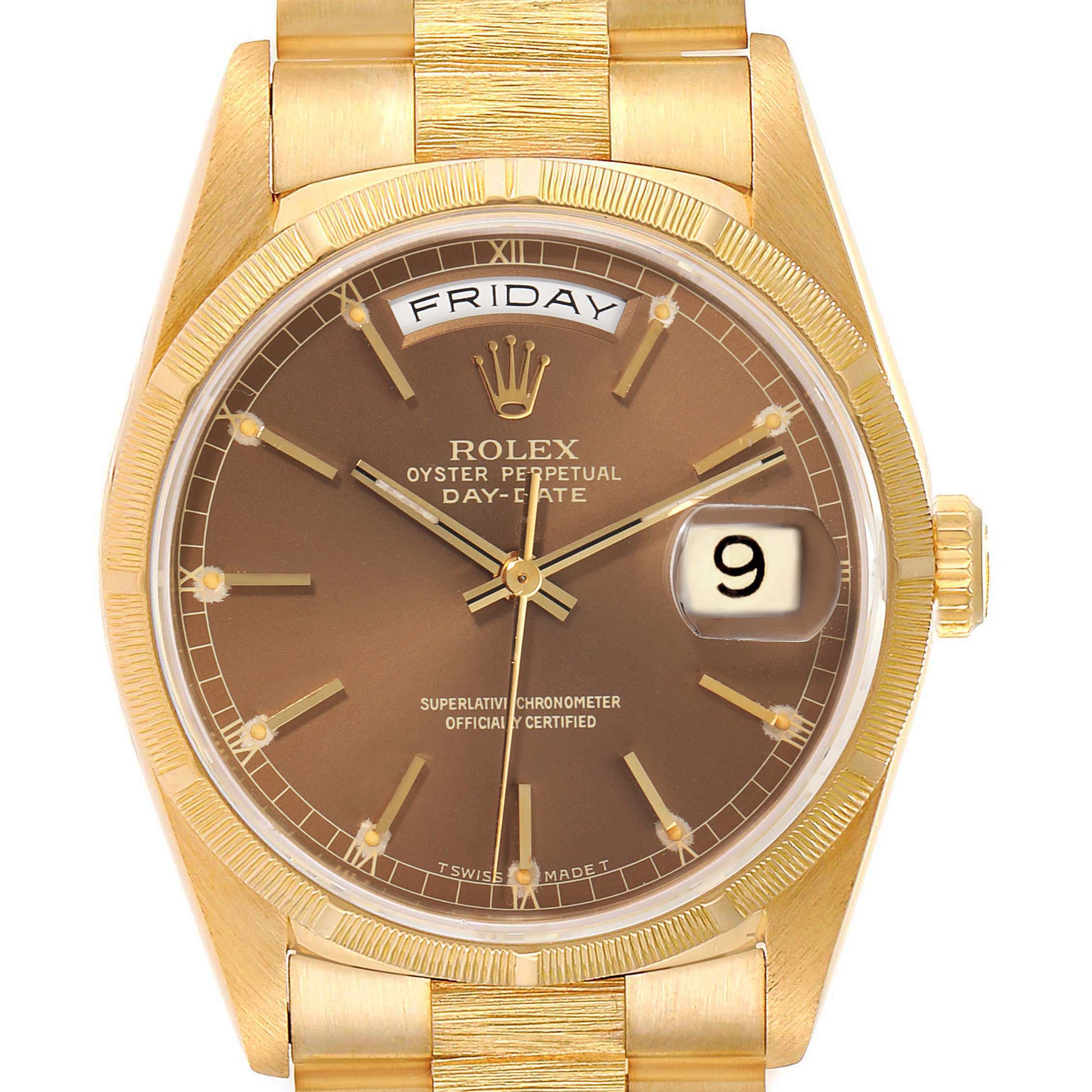 This image shows a Rolex President 18248 Men
s Yellow Gold Champagne Dial 18248 Men
s Yellow Gold Champagne Dial model watch, featuring the dial, day and date display, bezel, and part of the bracelet.