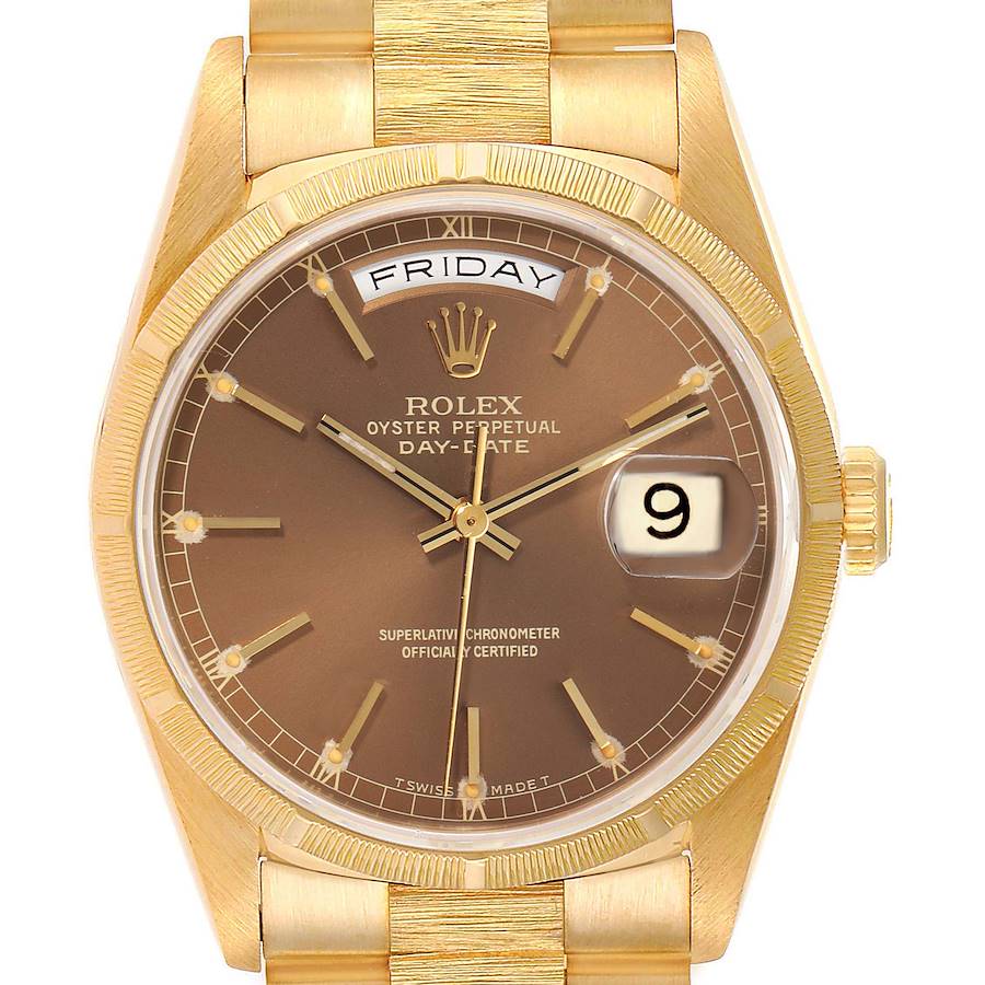 Rolex Day-Date President 36mm Yellow Gold Bark Finish Watch 18248 Box Papers SwissWatchExpo