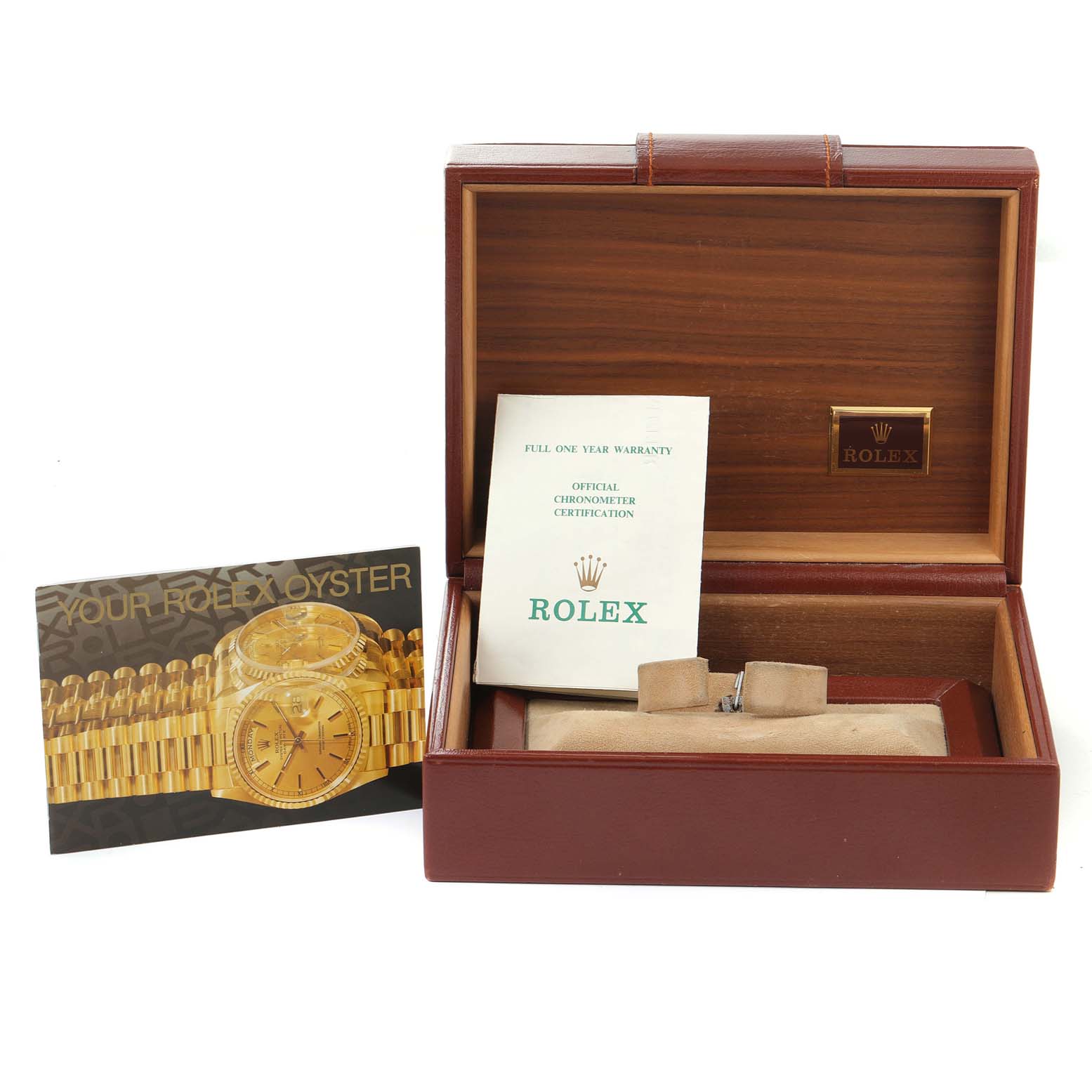 This image shows the box, chronometer certification, and warranty for the Rolex President 18248 Men
s Yellow Gold Champagne Dial 18248 Men
s Yellow Gold Champagne Dial model, without the watch.