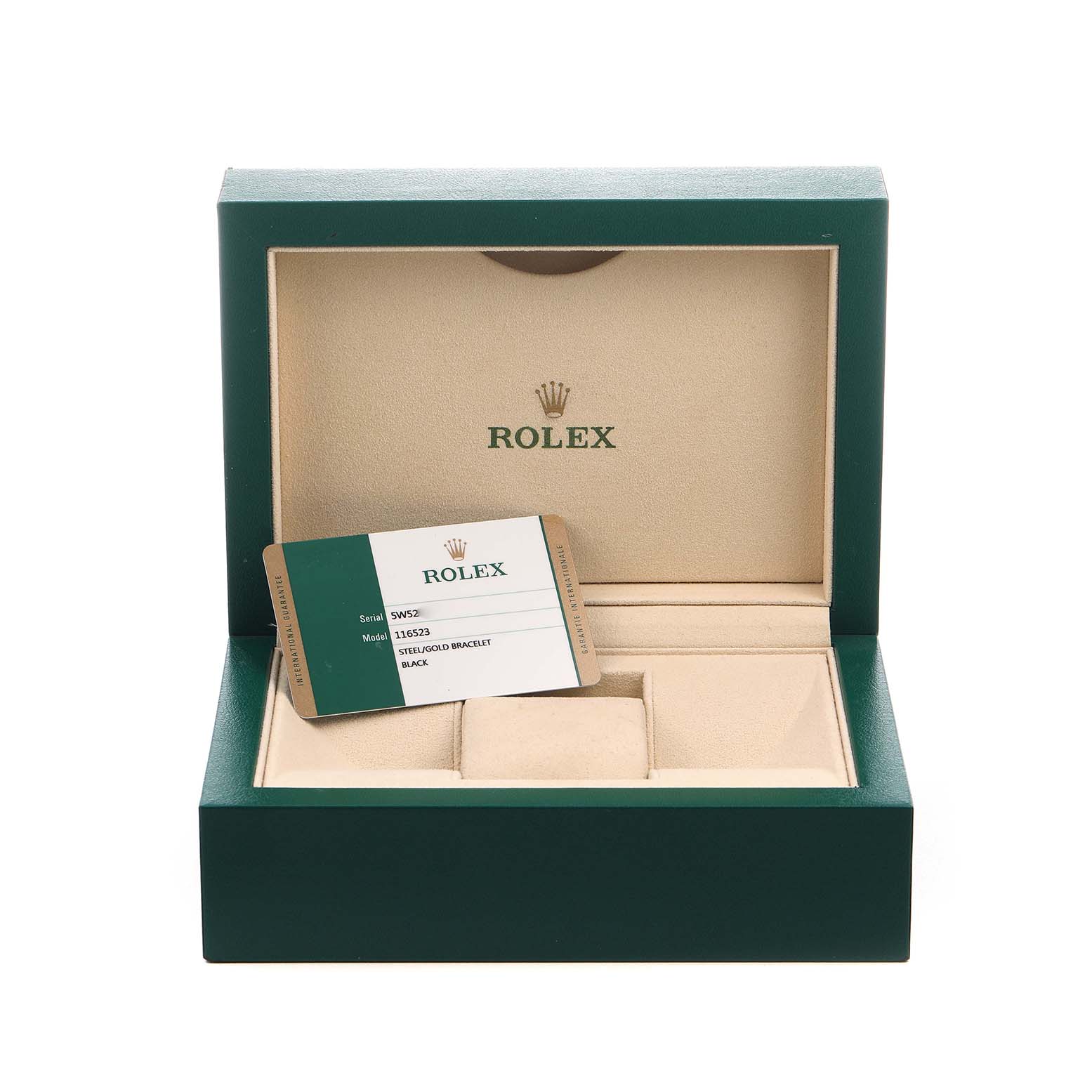 The image shows a Rolex Daytona 116523 Men's Steel and Gold (two tone) Black Dial watch box and warranty card displayed upright inside the box.