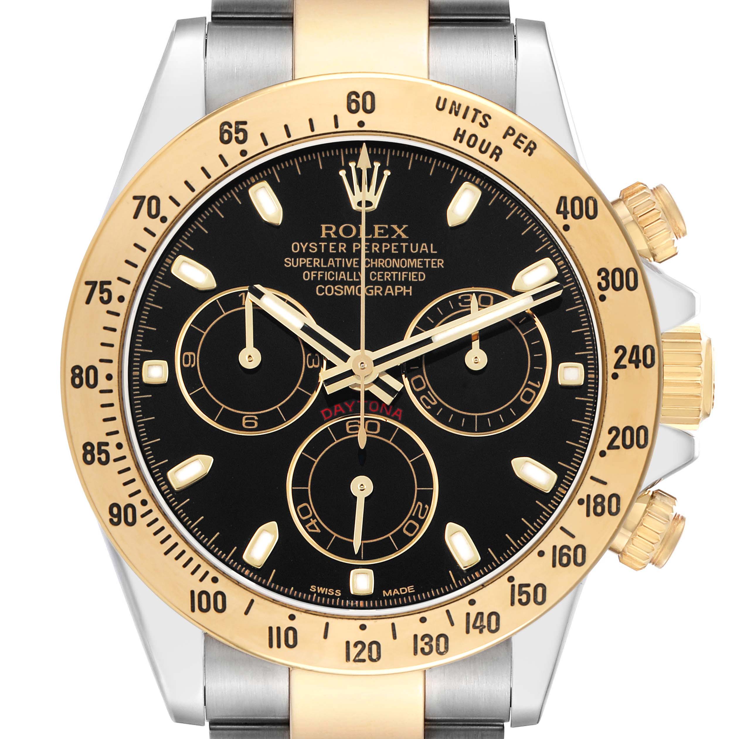 The Rolex Daytona 116523 Men's Steel and Gold (two tone) Black Dial watch is shown from the front, highlighting the dial, bezel, subdials, and crown.