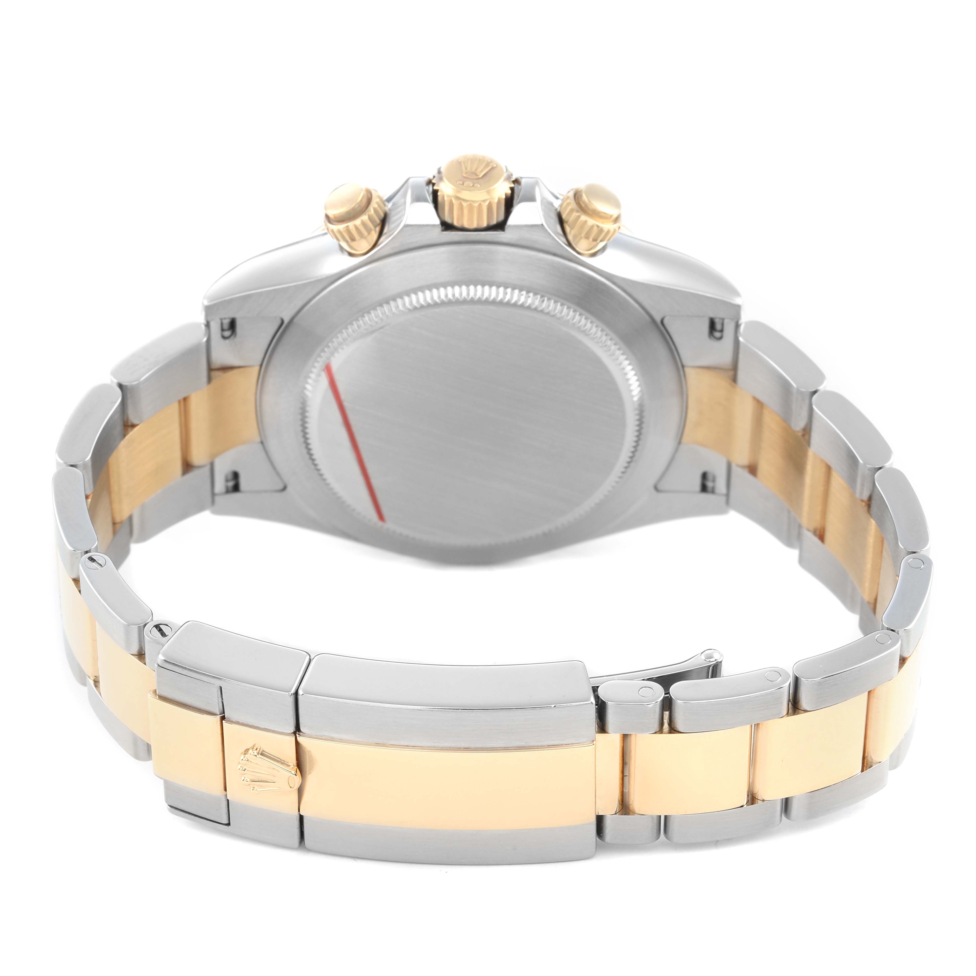 The image shows the back view of a Rolex Daytona 116523 Men's Steel and Gold (two tone) Black Dial watch, highlighting the bracelet and clasp.