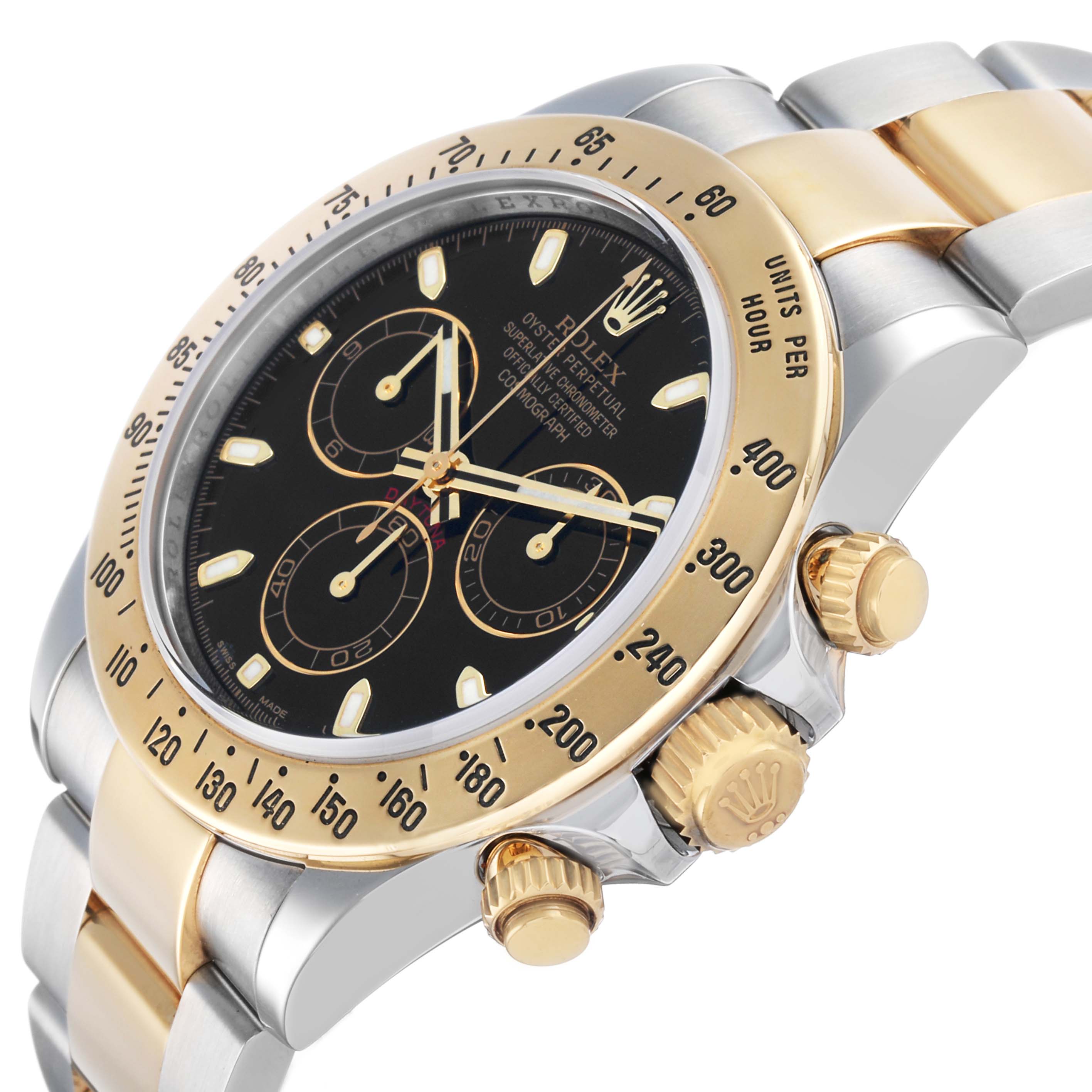 The Rolex Daytona 116523 Men's Steel and Gold (two tone) Black Dial watch is shown at an angled side view, highlighting the face, bezel, and crown detail.