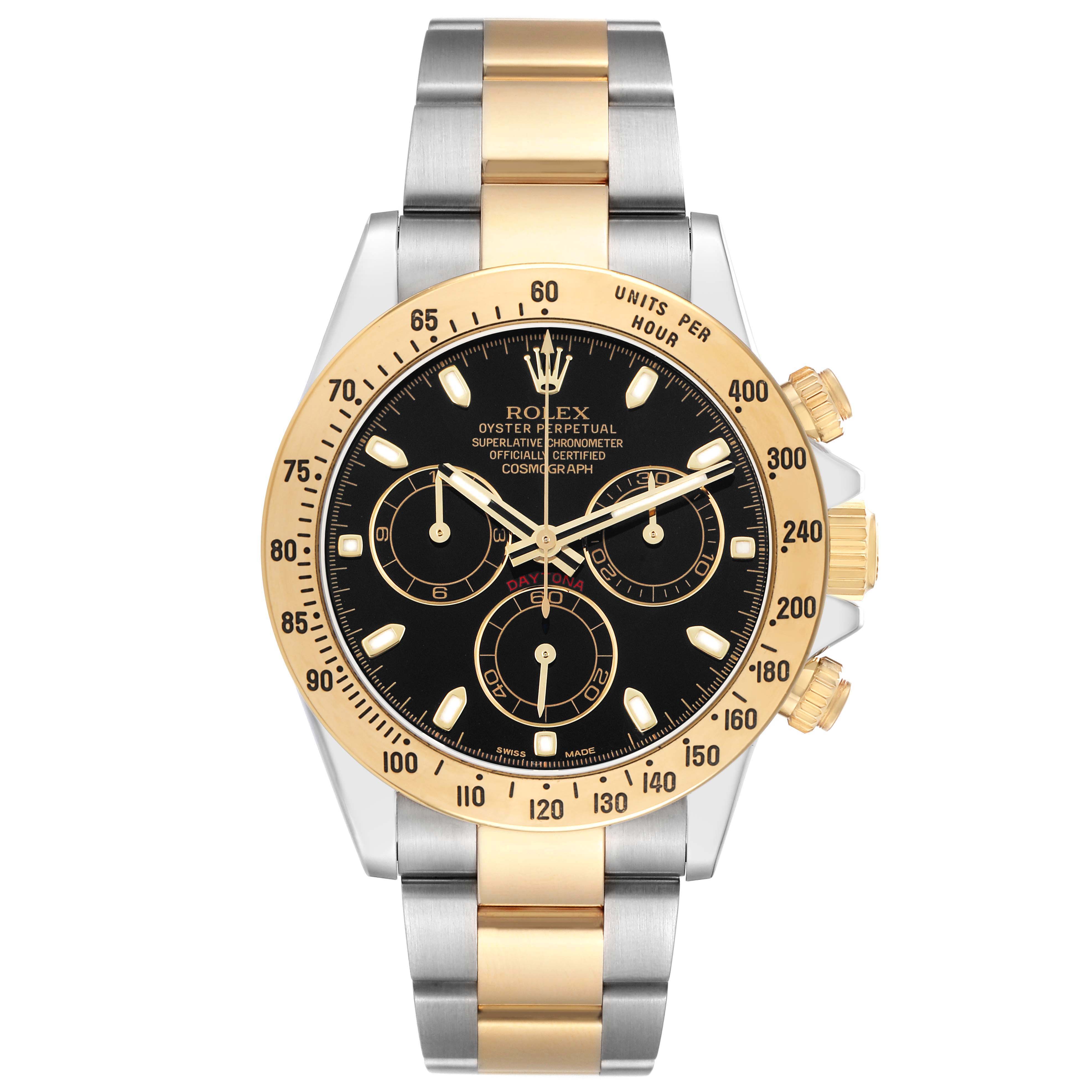 The Rolex Daytona 116523 Men's Steel and Gold (two tone) Black Dial watch is shown from the front, highlighting its dial, bezel, and bracelet.