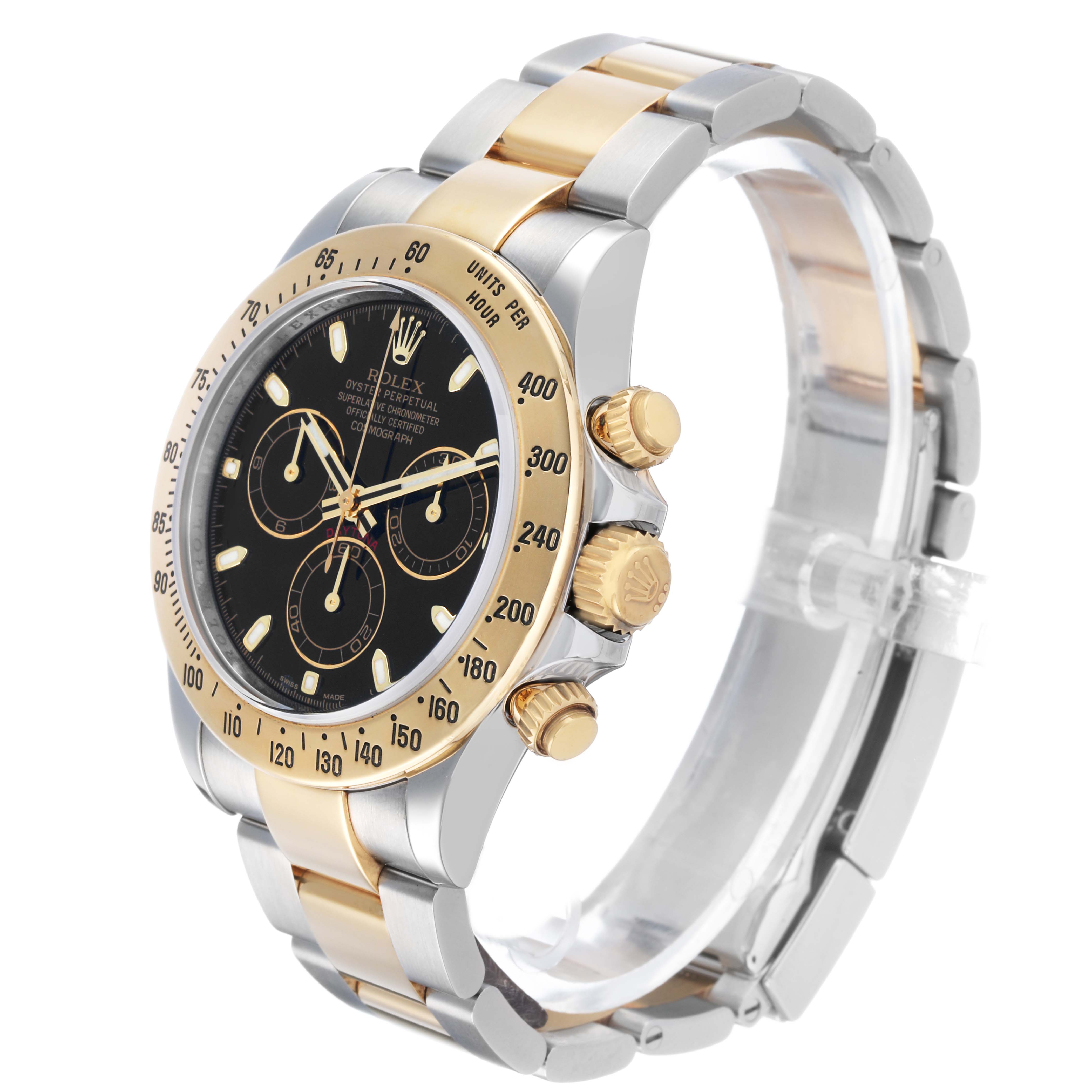The Rolex Daytona 116523 Men's Steel and Gold (two tone) Black Dial watch is shown at a three-quarter angle, displaying the bezel, dial, crown, and bracelet.