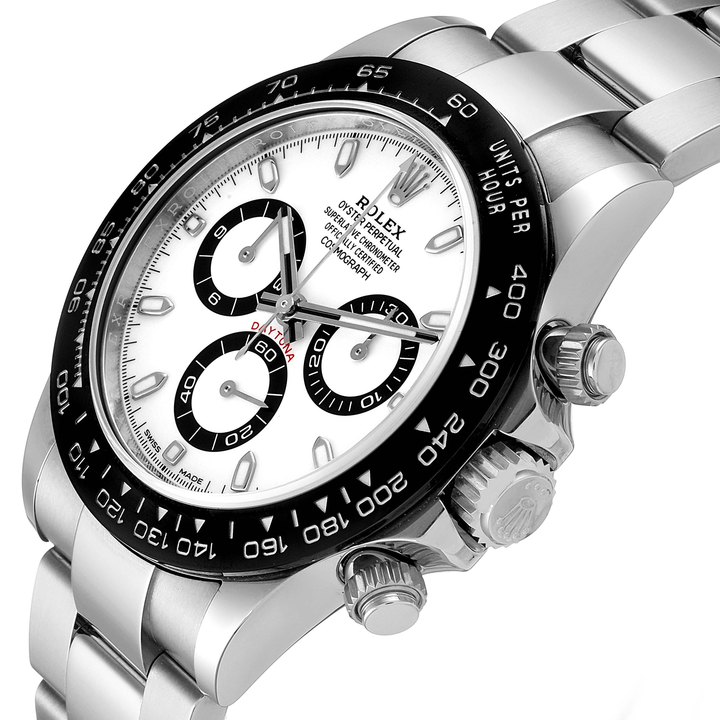 The image shows a close-up side angle of a Rolex Daytona 116500 Men's Stainless Steel White Dial 116500 Men's Stainless Steel White Dial watch, highlighting the face, bezel, crown, and part of the band.