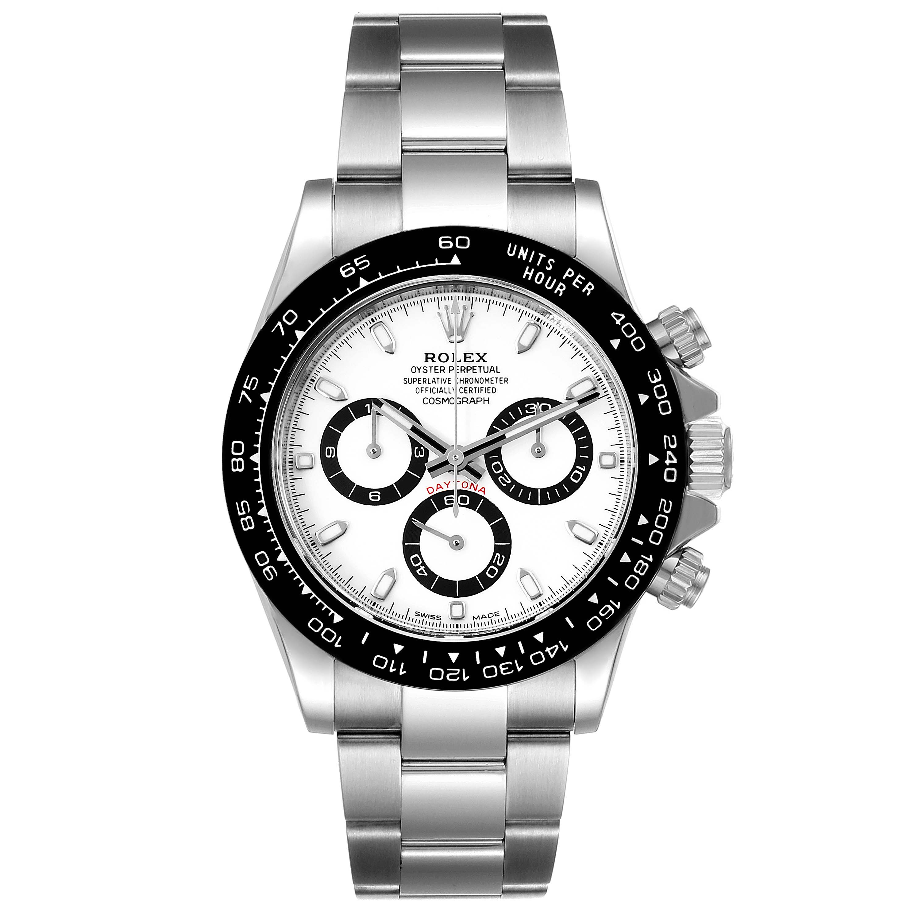 The Rolex Daytona 116500 Men's Stainless Steel White Dial 116500 Men's Stainless Steel White Dial watch is shown from a frontal angle, highlighting its bezel, dial, and stainless steel bracelet.