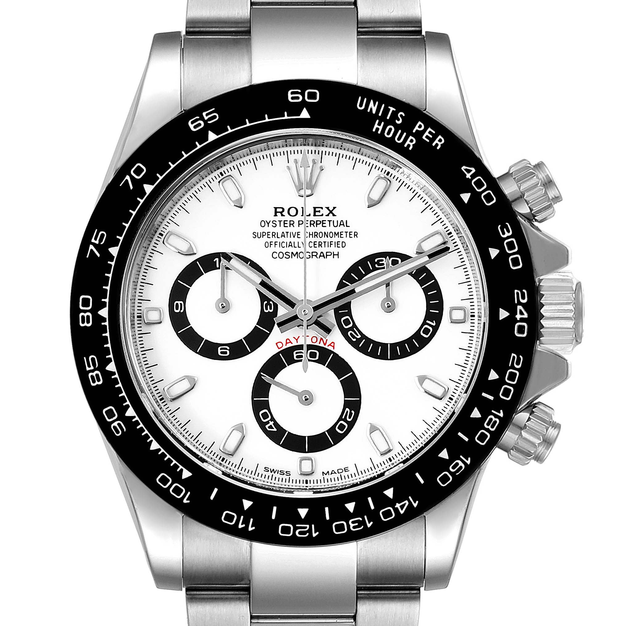 This image is a front view of the face and bezel of a Rolex Daytona 116500 Men's Stainless Steel White Dial 116500 Men's Stainless Steel White Dial watch, displaying its chronograph dials and tachymeter scale.