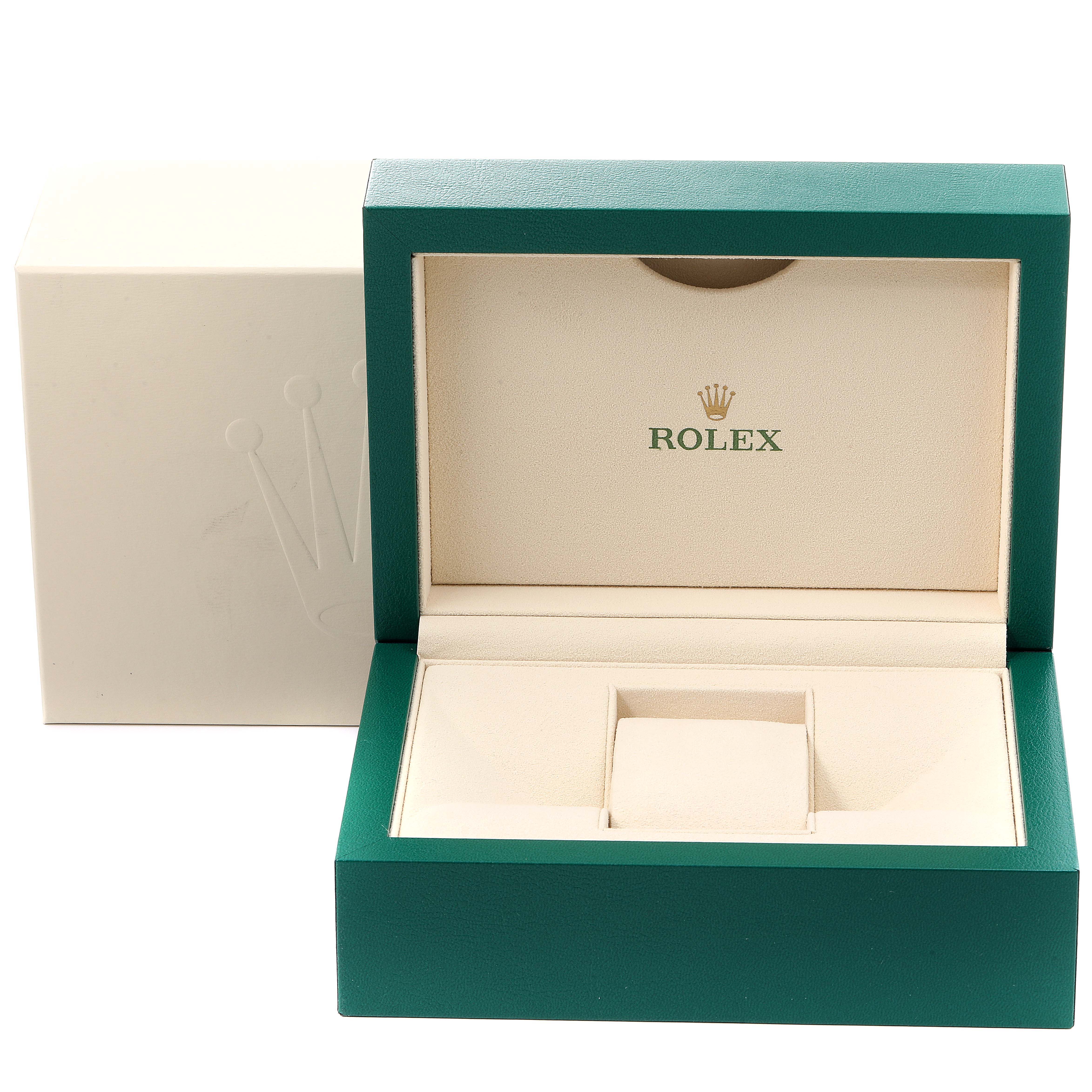 This image shows an open Rolex Daytona 116500 Men's Stainless Steel White Dial 116500 Men's Stainless Steel White Dial watch box with green and beige interior, featuring the Rolex logo.