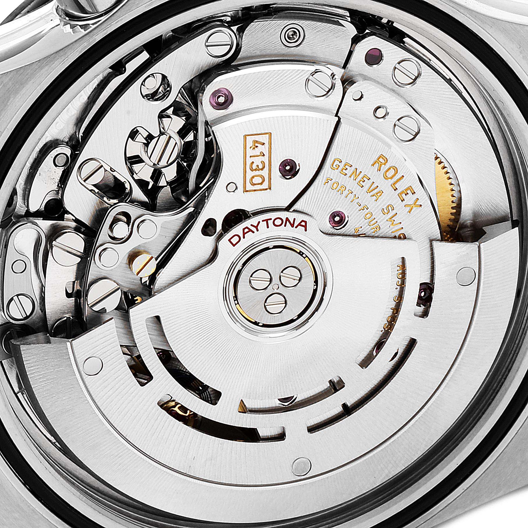 This image shows a close-up of the movement mechanism inside a Rolex Daytona 116500 Men's Stainless Steel White Dial 116500 Men's Stainless Steel White Dial watch, highlighting intricate gears and components.