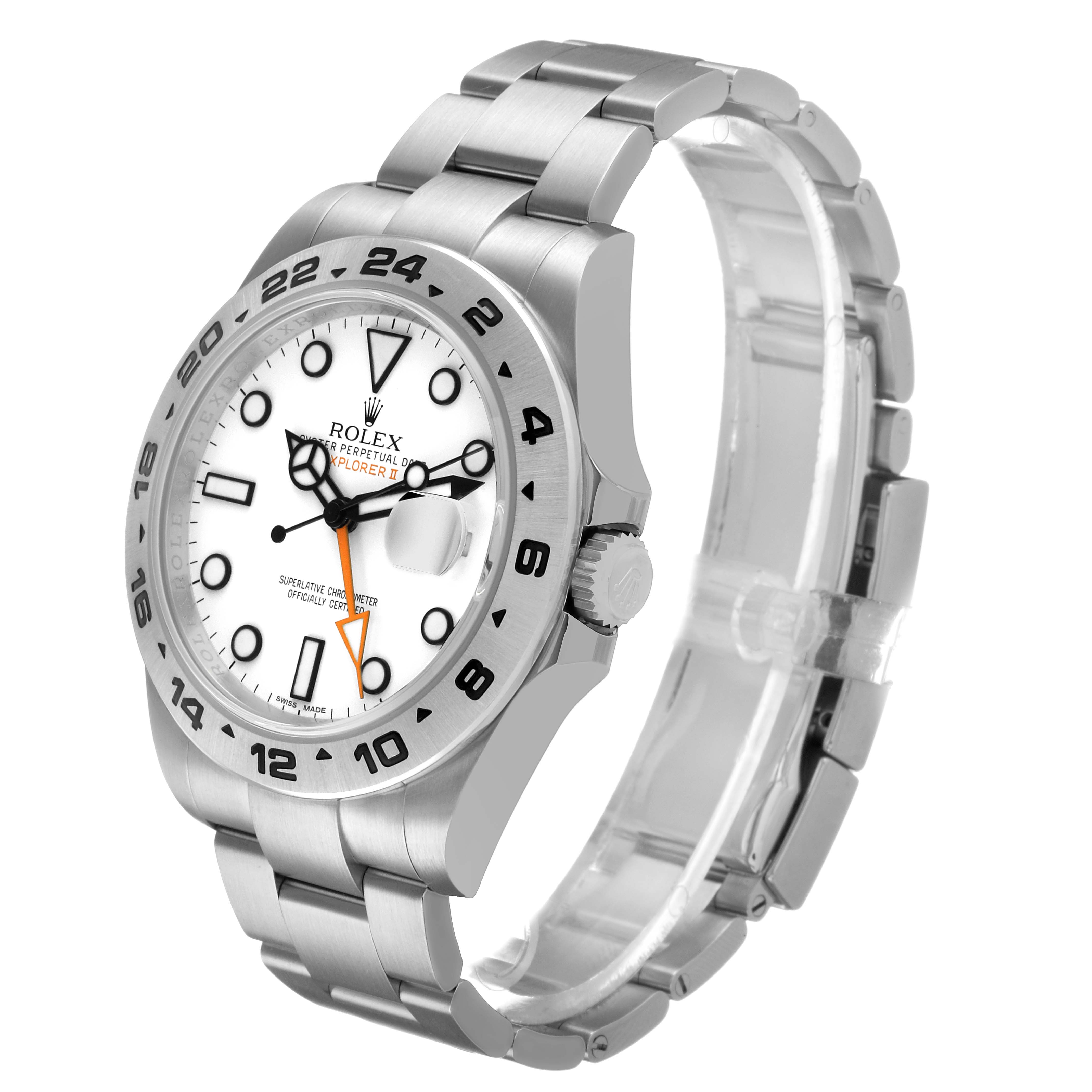 The Rolex Explorer 216570 Men's Stainless Steel White Dial watch is shown at a three-quarter angle, displaying the case, dial, bracelet, and crown.