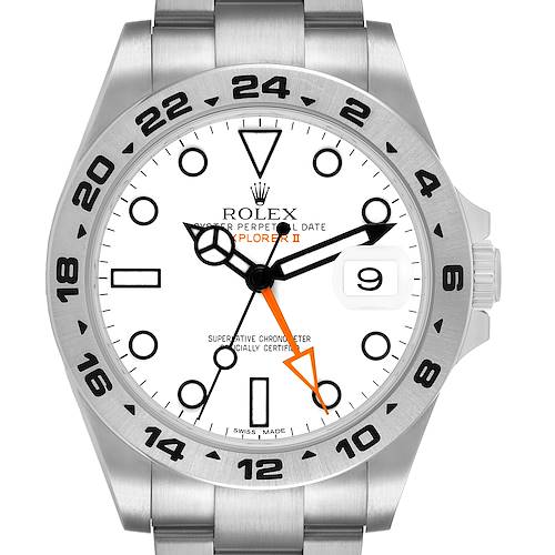 The Rolex Explorer 216570 Men's Stainless Steel White Dial II watch is shown from the front, highlighting the dial, hands, bezel, and part of the bracelet.