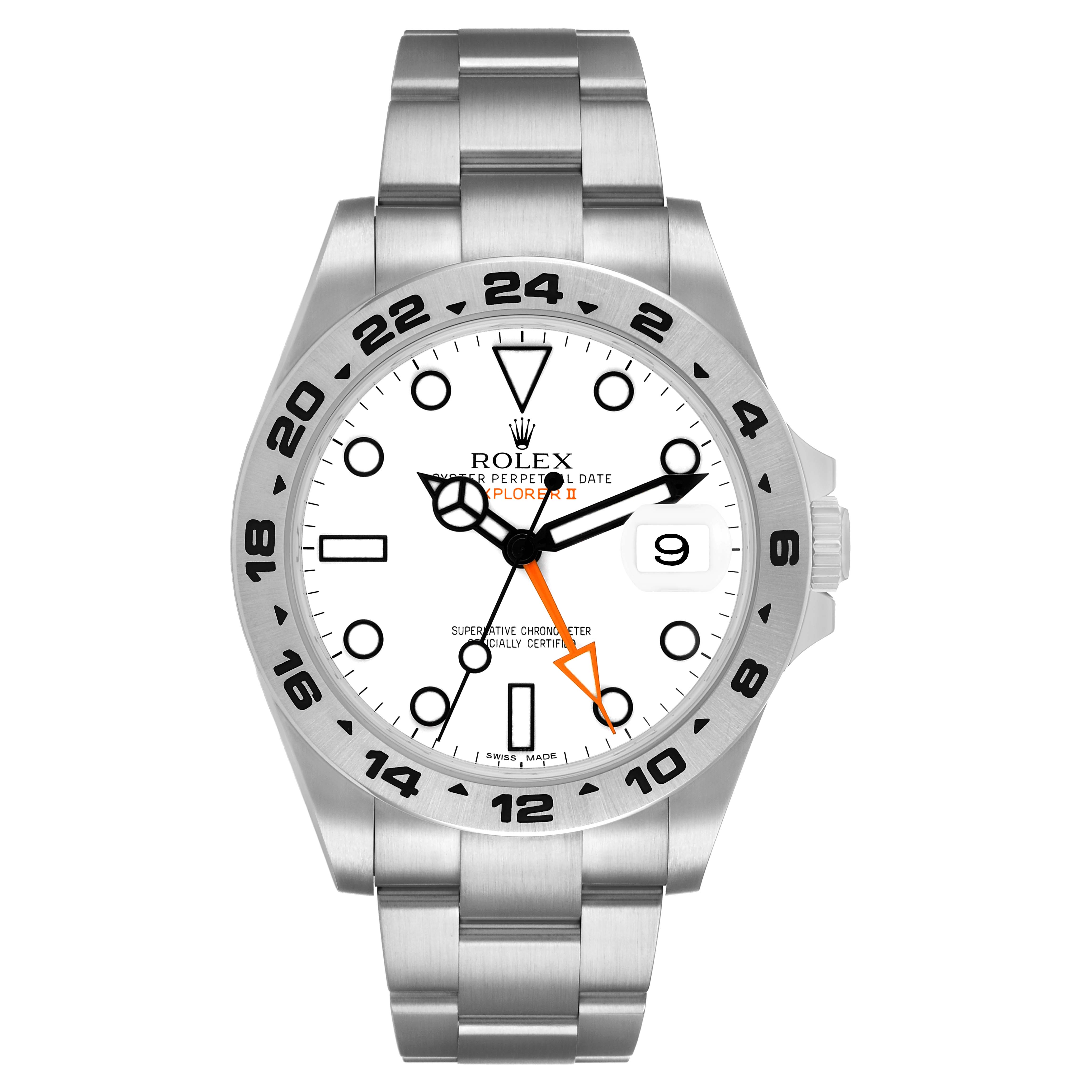 The Rolex Explorer 216570 Men's Stainless Steel White Dial model watch is shown front-facing, displaying the dial, bezel, hands, bracelet, and crown.
