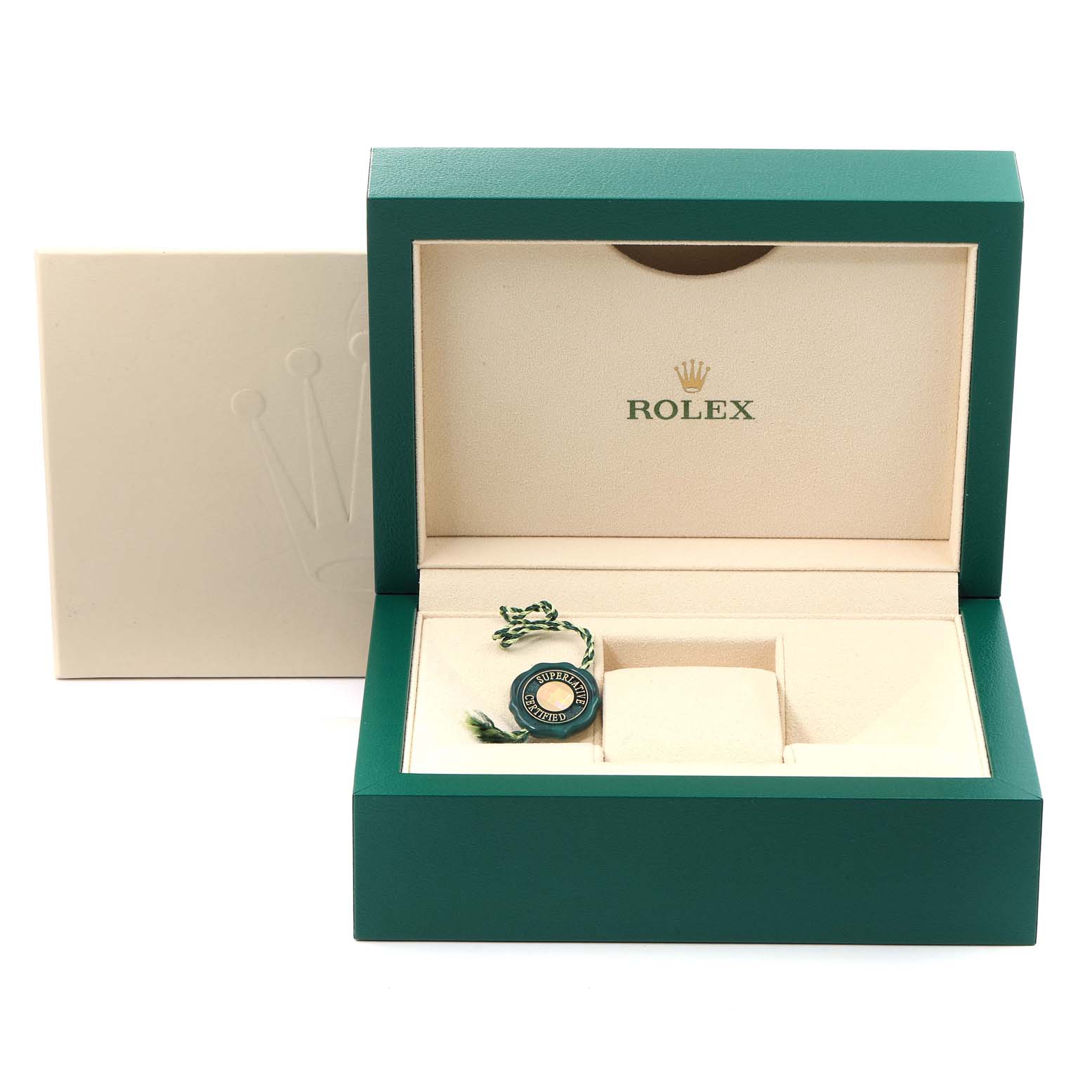 This image shows an open watch box for a Rolex GMT-Master 116710 Men
s Stainless Steel Black Dial 116710 Men
s Stainless Steel Black Dial, including the box, cushion, and a green hang tag.