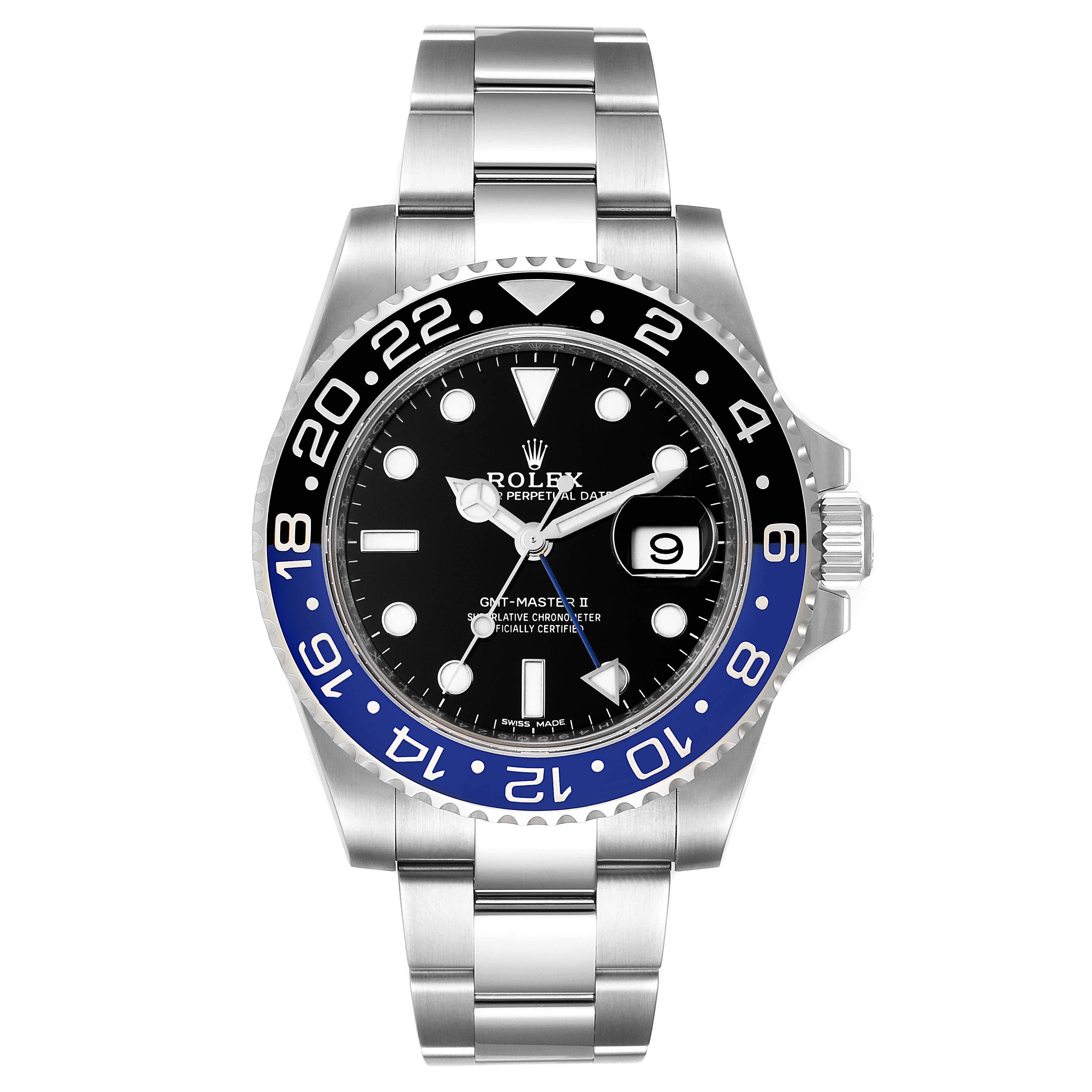 The image shows a front view of a Rolex GMT-Master 116710 Men
s Stainless Steel Black Dial 116710 Men
s Stainless Steel Black Dial II watch, displaying the bezel, dial, hands, and bracelet.
