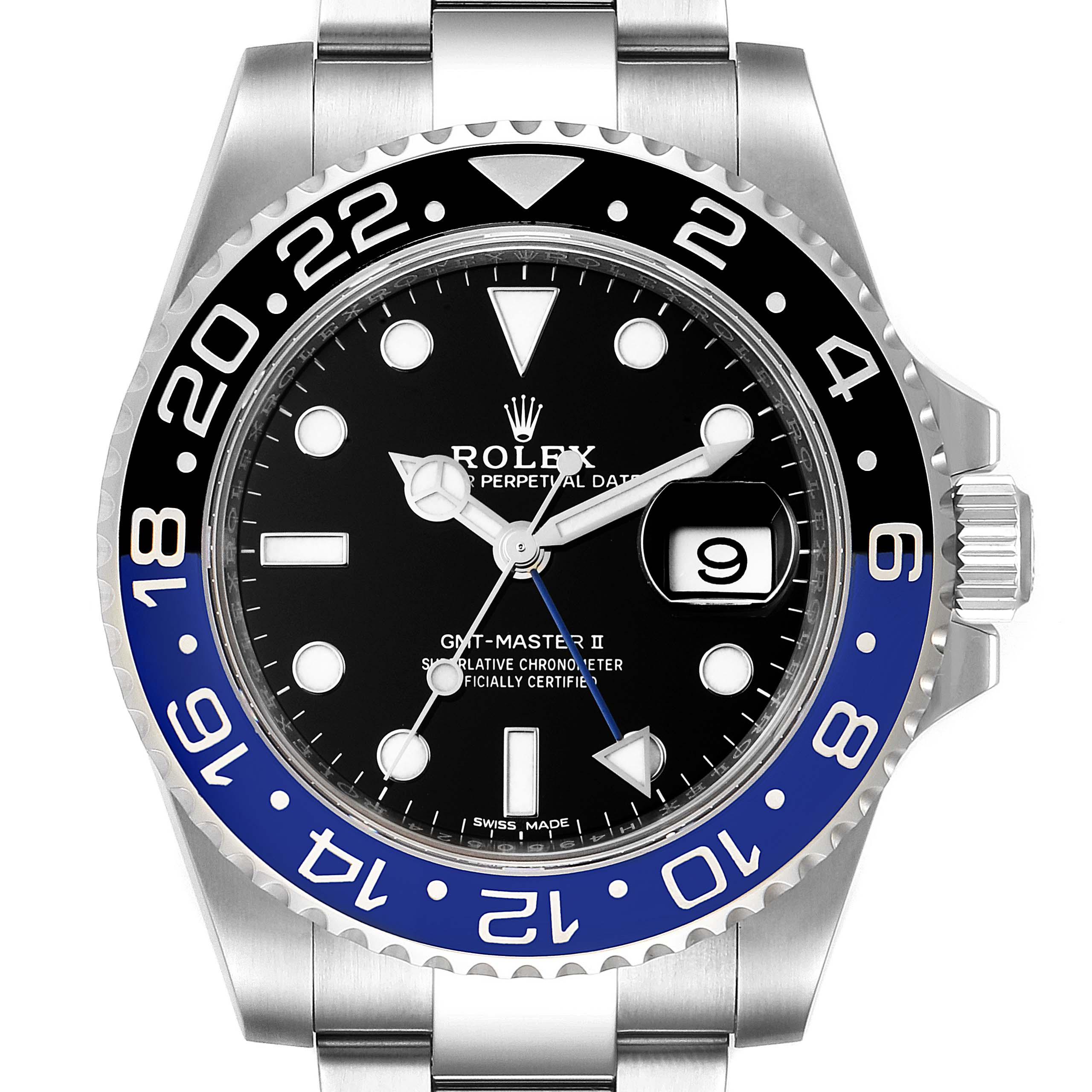 This image shows a front view of the Rolex GMT-Master 116710 Men
s Stainless Steel Black Dial 116710 Men
s Stainless Steel Black Dial II watch, highlighting the dial, bezel, and date window.