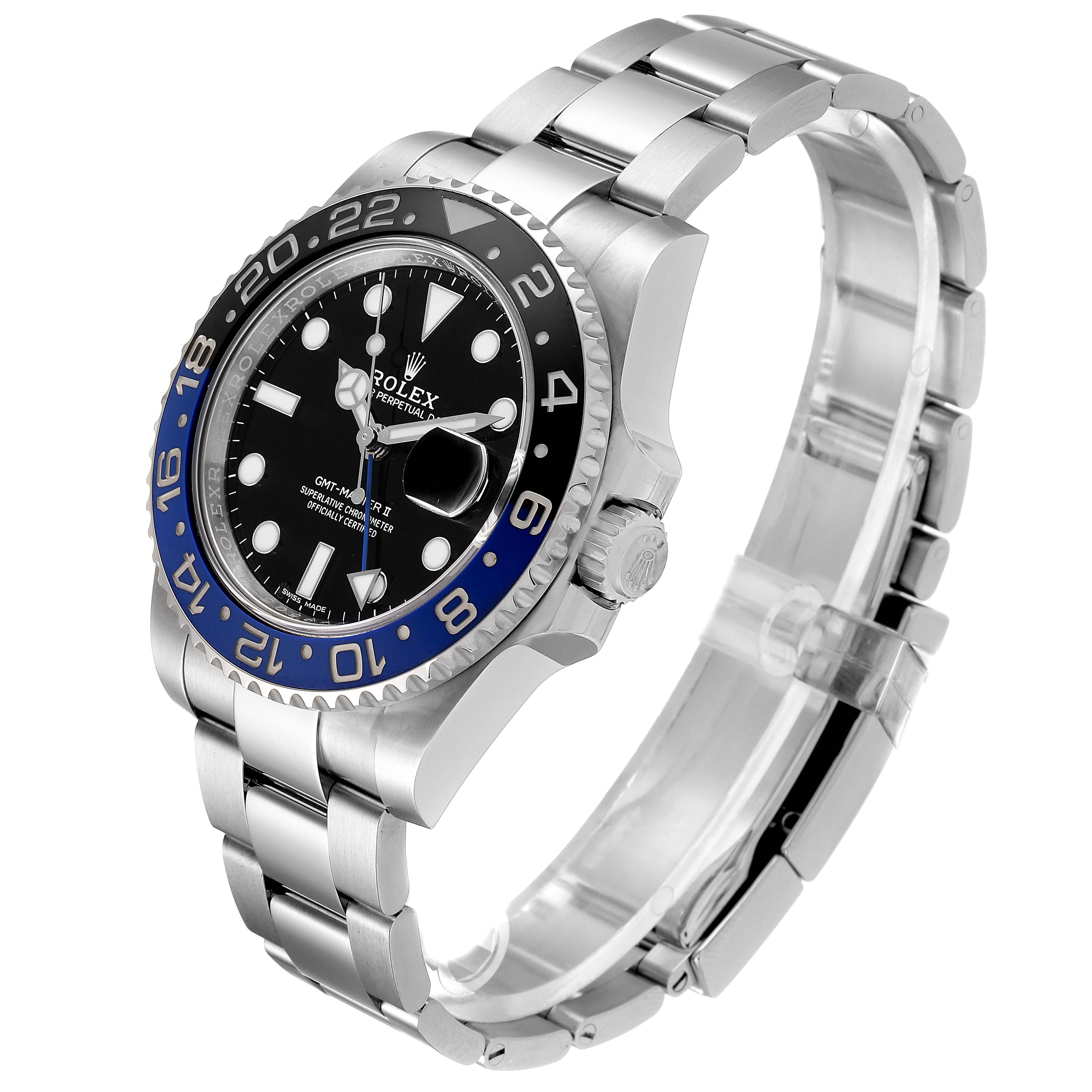 The Rolex GMT-Master 116710 Men
s Stainless Steel Black Dial 116710 Men
s Stainless Steel Black Dial watch is shown at a slightly angled side view, highlighting its bezel, dial, and stainless steel bracelet.