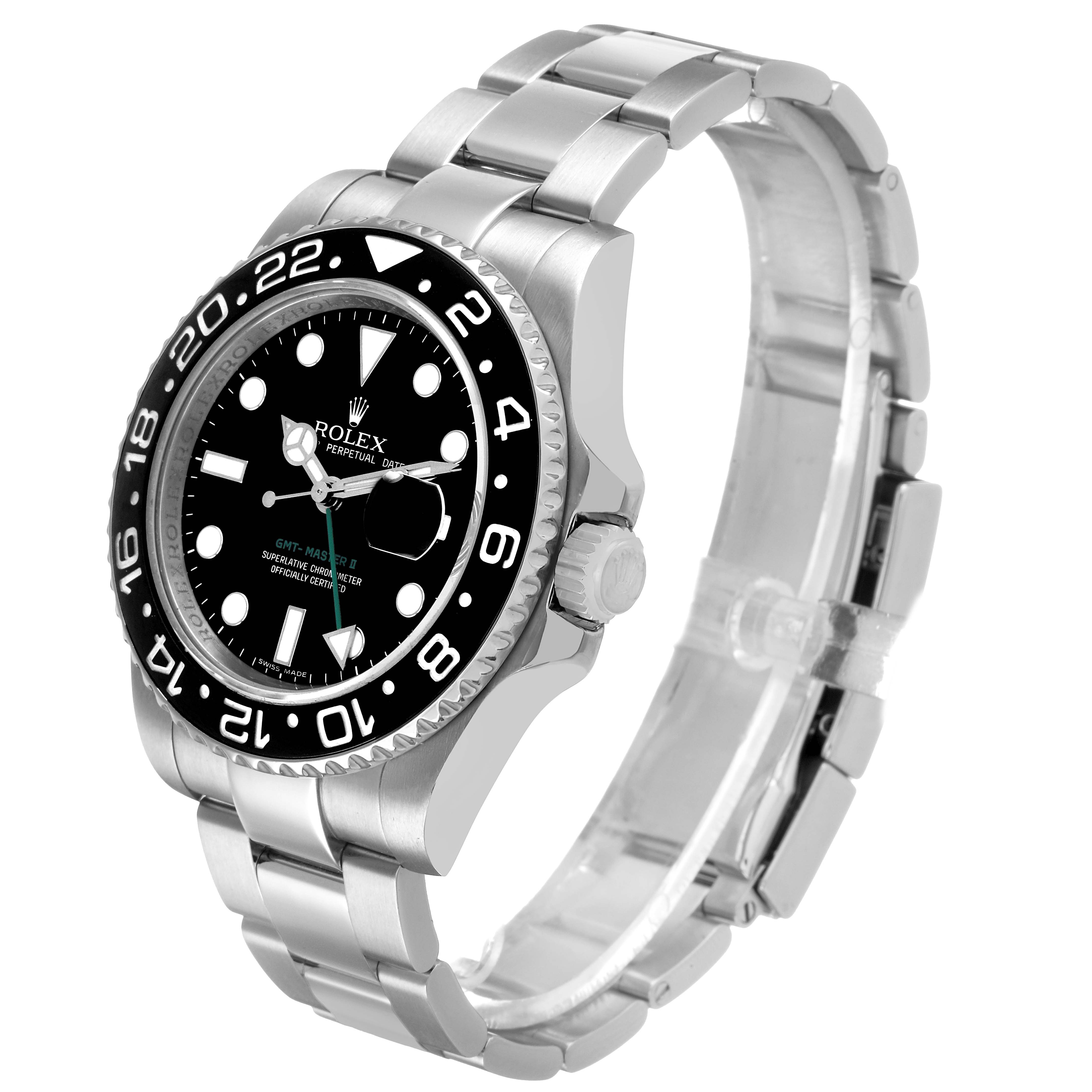 The Rolex GMT-Master 116710 Men's Stainless Steel Black Dial watch is shown at a three-quarter angle, displaying the bezel, dial, crown, and stainless steel bracelet.