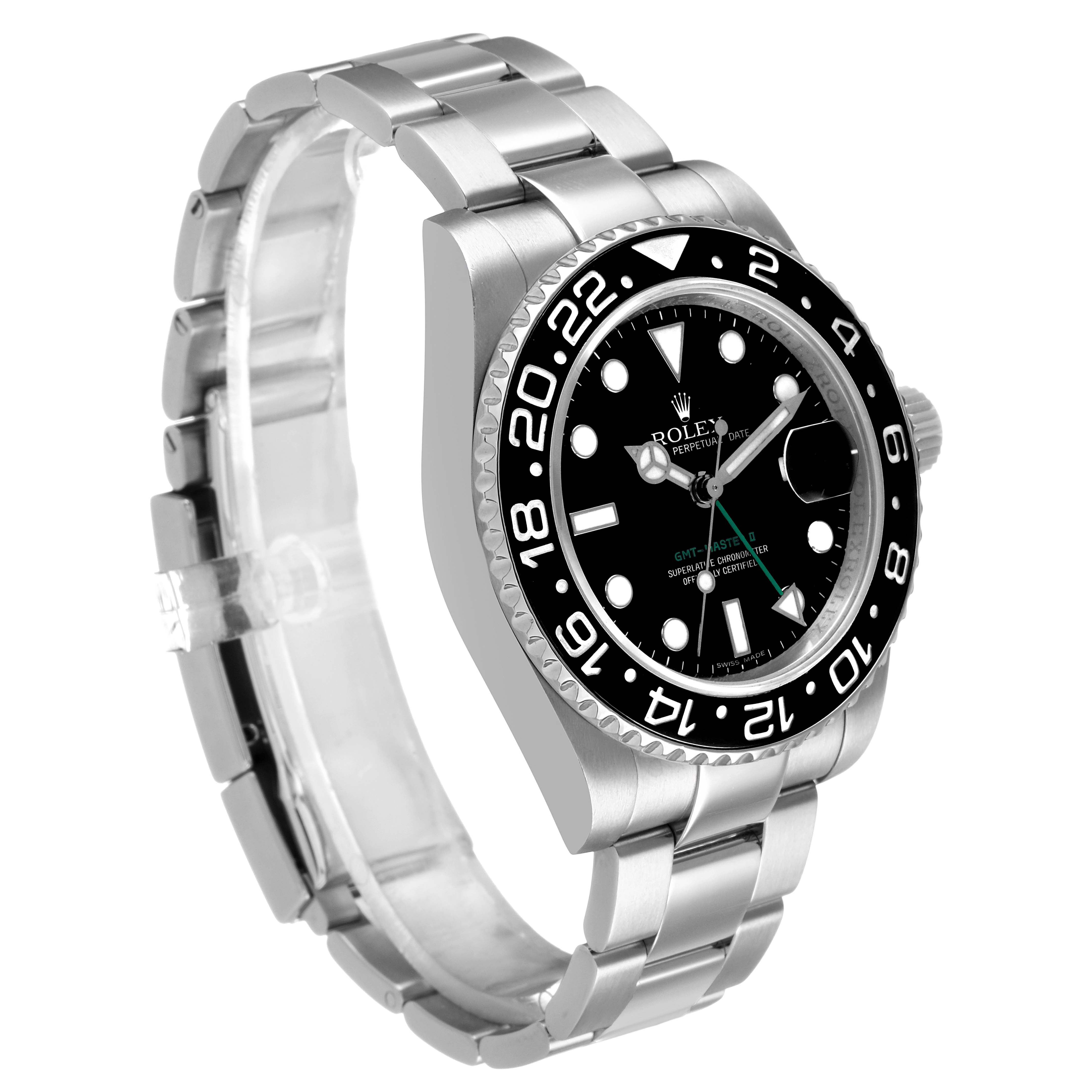 The Rolex GMT-Master 116710 Men's Stainless Steel Black Dial is shown at a three-quarter angle, highlighting its bezel, dial, and bracelet.