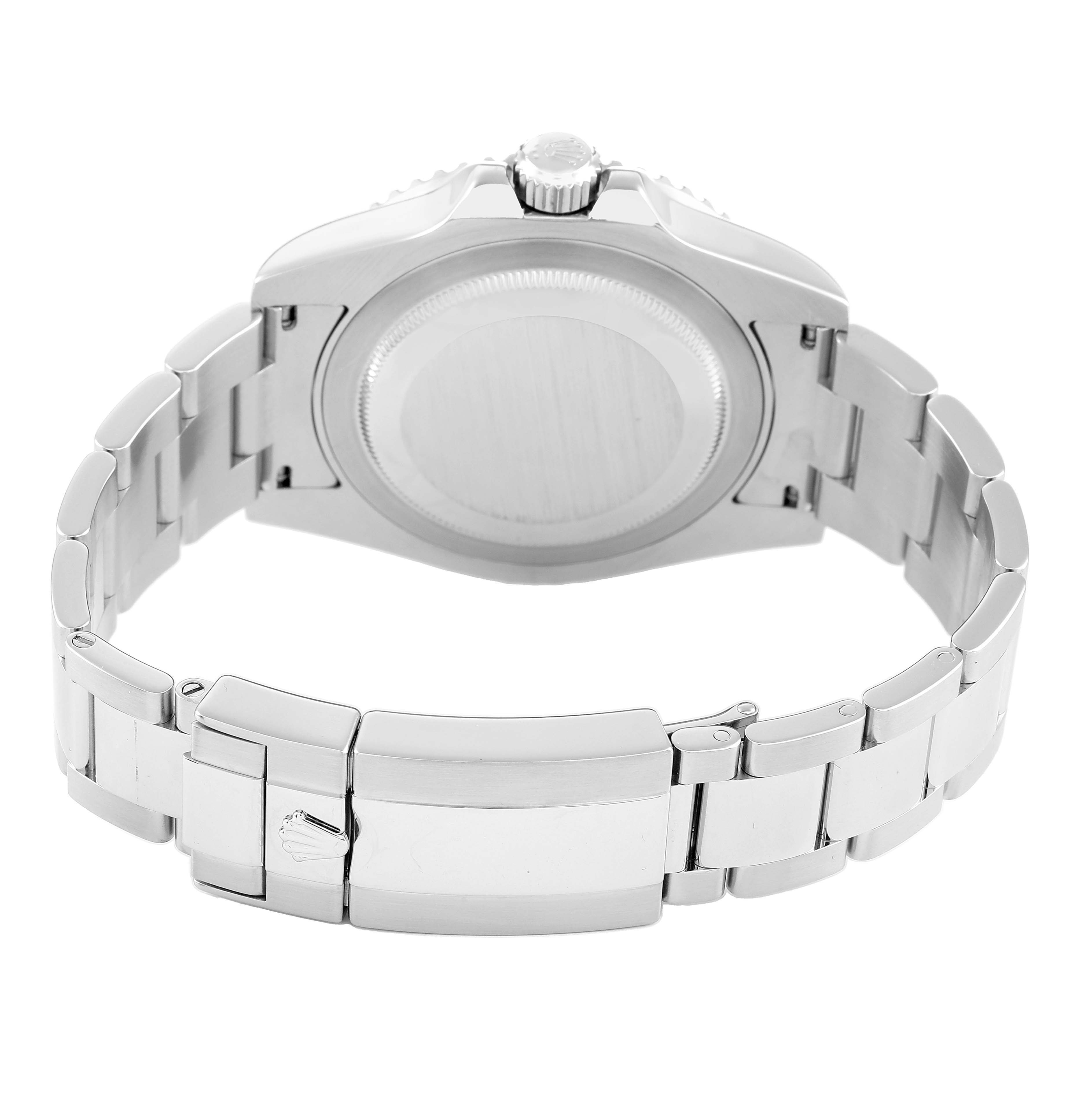 The image shows the rear view of a Rolex GMT-Master 116710 Men's Stainless Steel Black Dial watch, highlighting the case back, crown, and bracelet clasp.