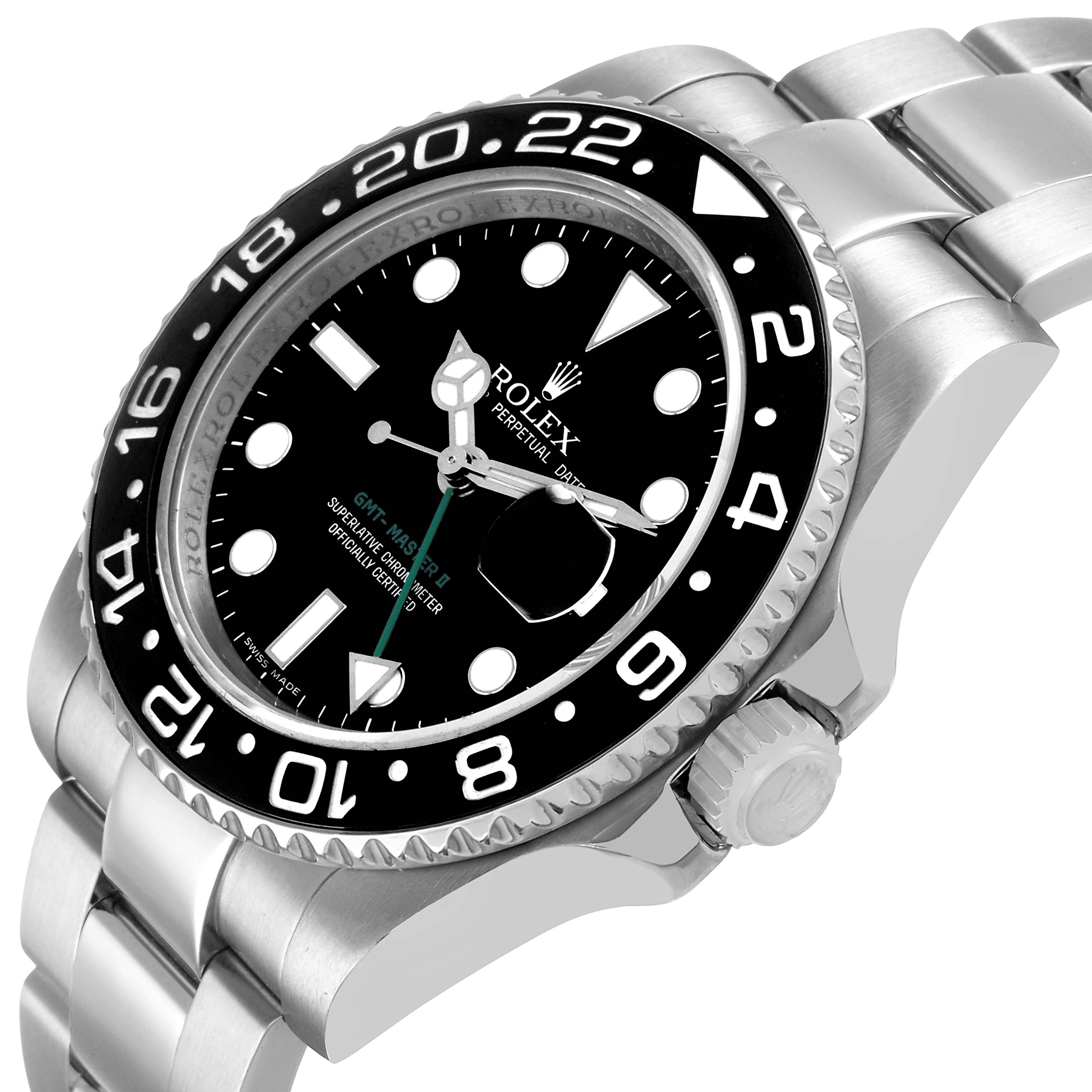 The image shows a Rolex GMT-Master 116710 Men's Stainless Steel Black Dial II watch at a slight side angle, highlighting the bezel, dial, crown, and bracelet.