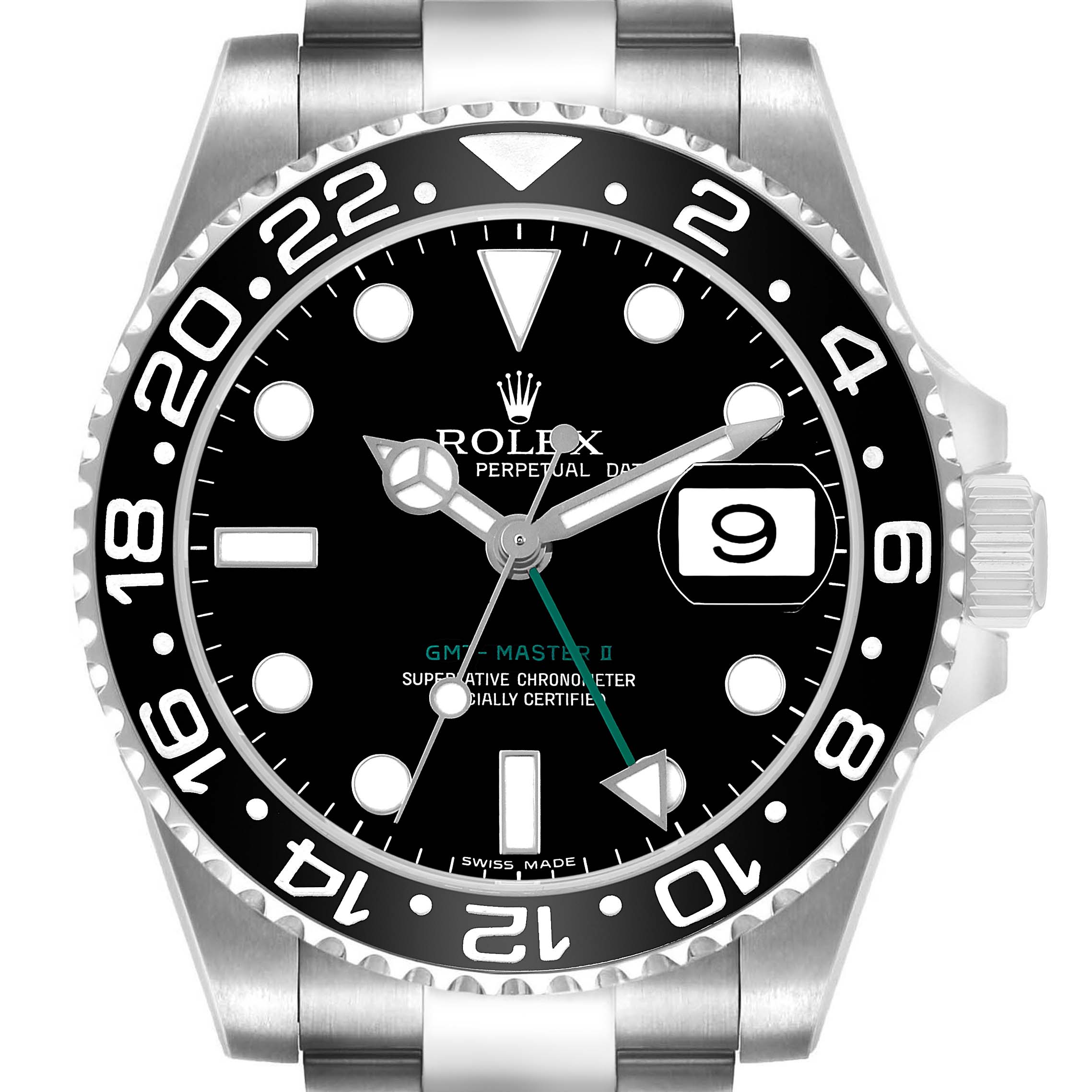 The Rolex GMT-Master 116710 Men's Stainless Steel Black Dial II watch is shown from a frontal angle, displaying the dial, bezel, and crown.