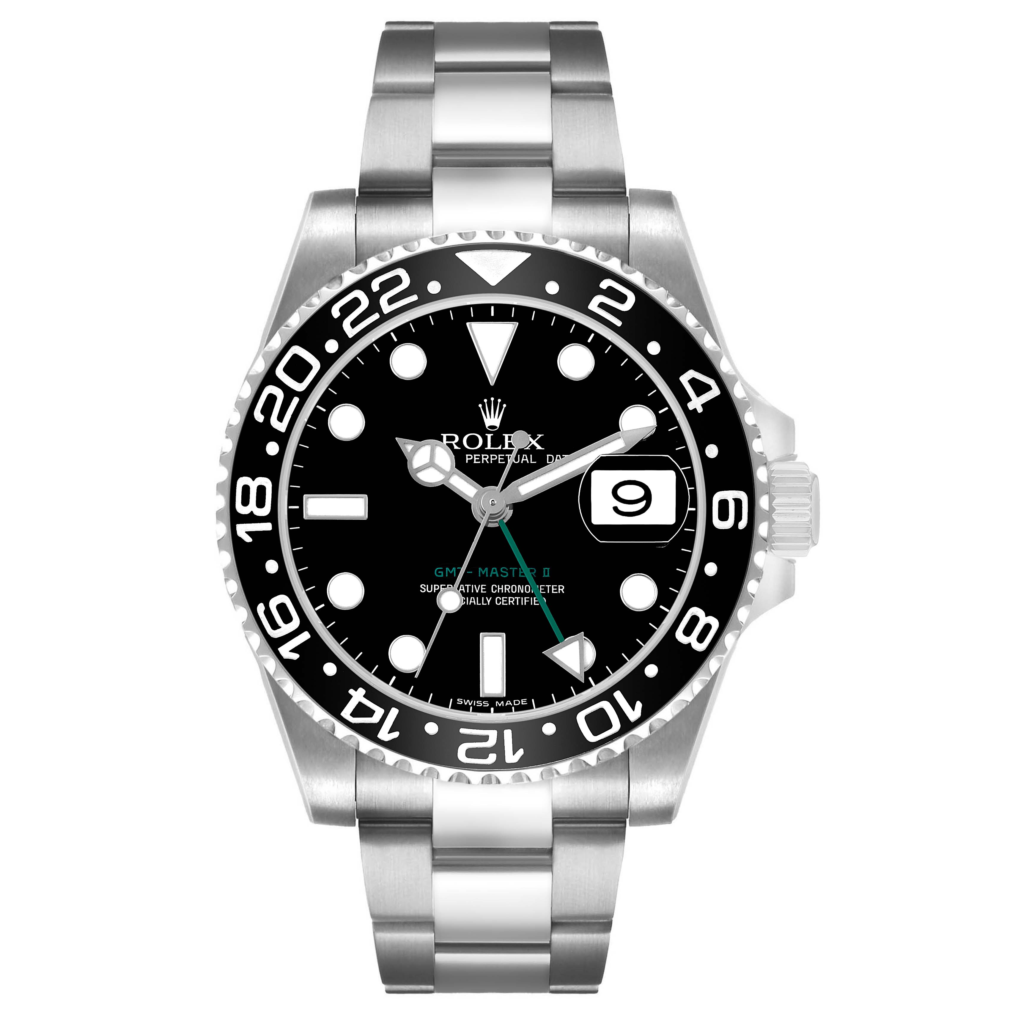 The Rolex GMT-Master 116710 Men's Stainless Steel Black Dial watch is shown from a front angle, highlighting the face, bezel, and bracelet.
