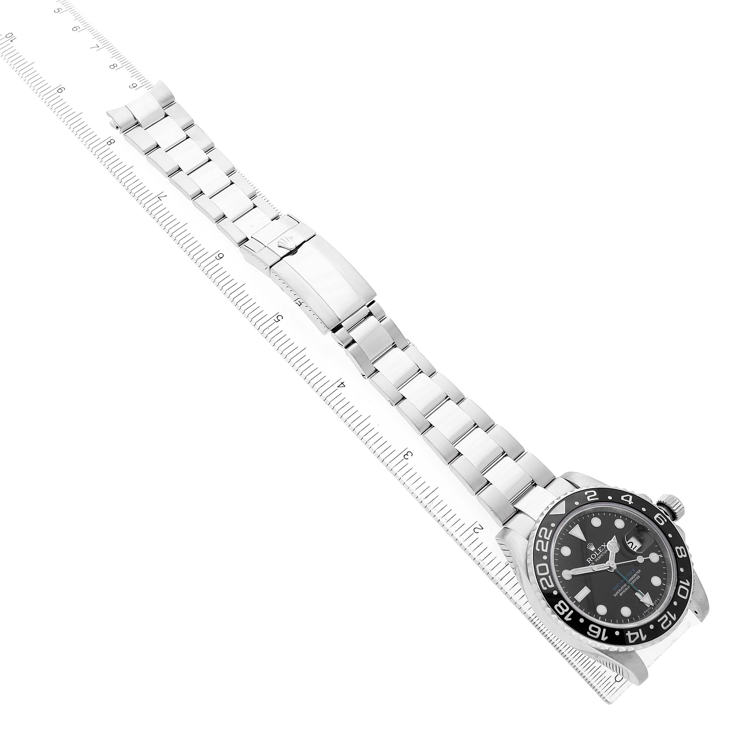 The Rolex GMT-Master 116710 Men's Stainless Steel Black Dial watch is shown from an angled view, displaying the face, bezel, and full bracelet stretched out.