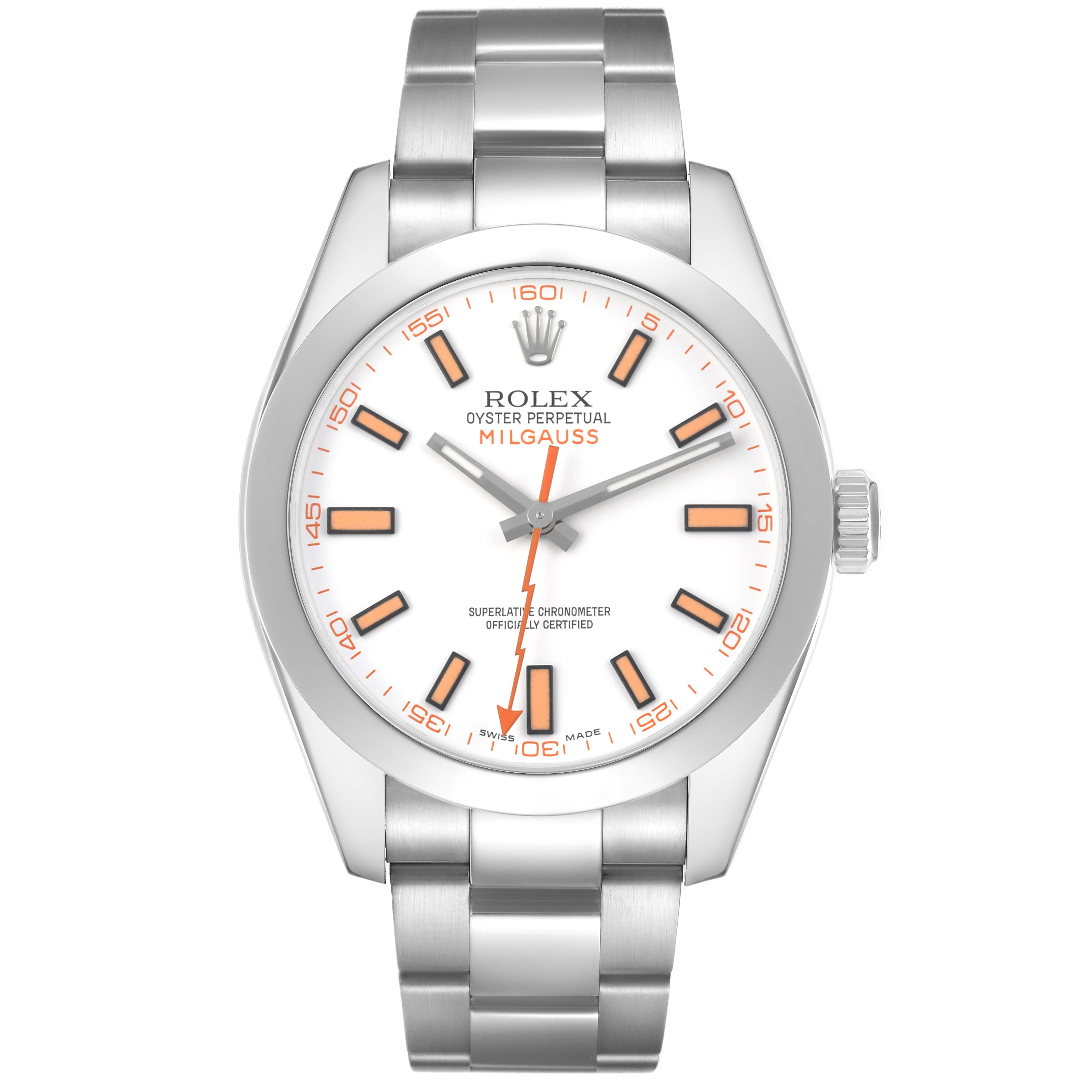 The image shows a front view of the Rolex Milgauss 116400 Men's Stainless Steel White Dial, highlighting its dial, bezel, and bracelet.