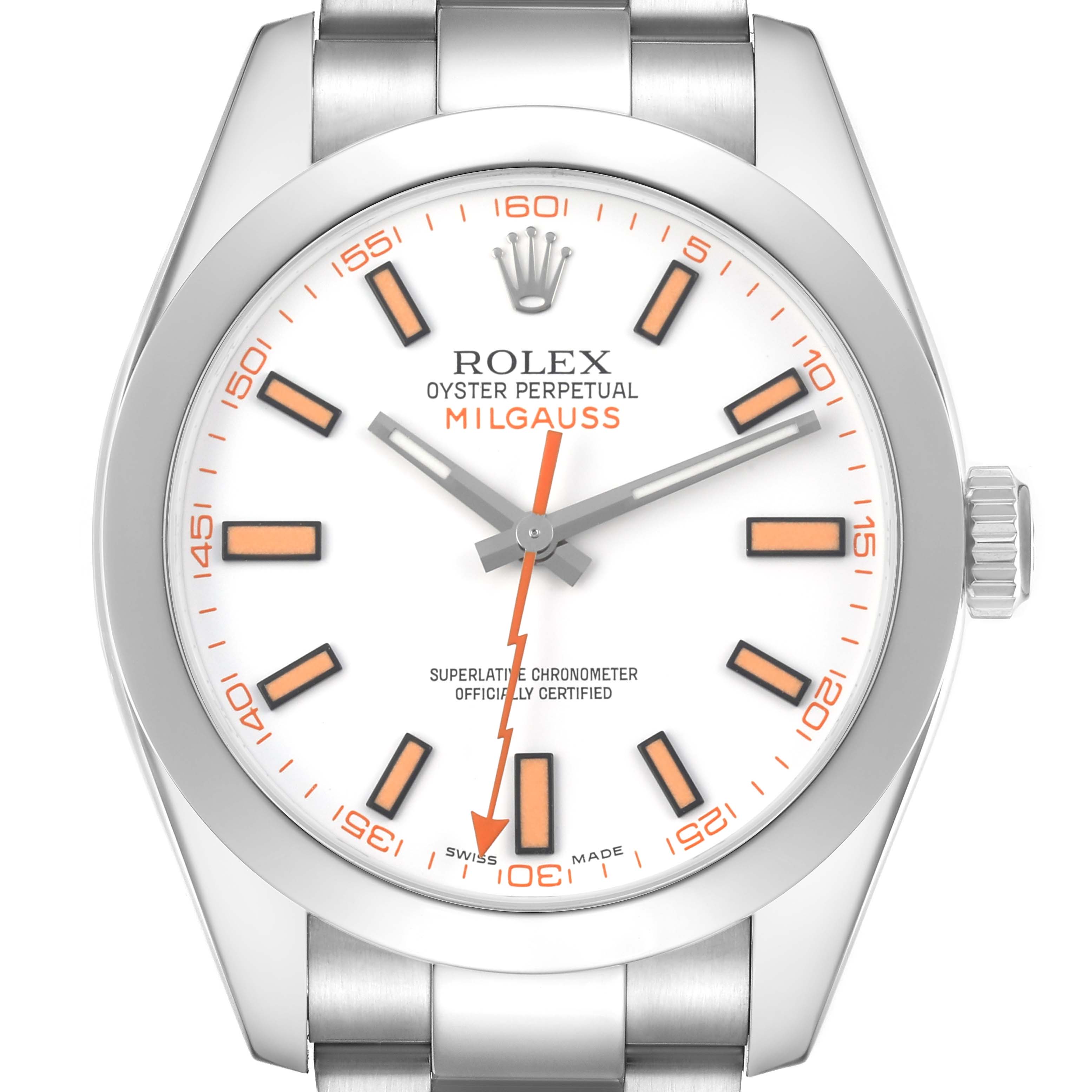 The Rolex Milgauss 116400 Men's Stainless Steel White Dial watch is shown from a front angle, highlighting the dial, hands, markers, crown, and part of the bracelet.