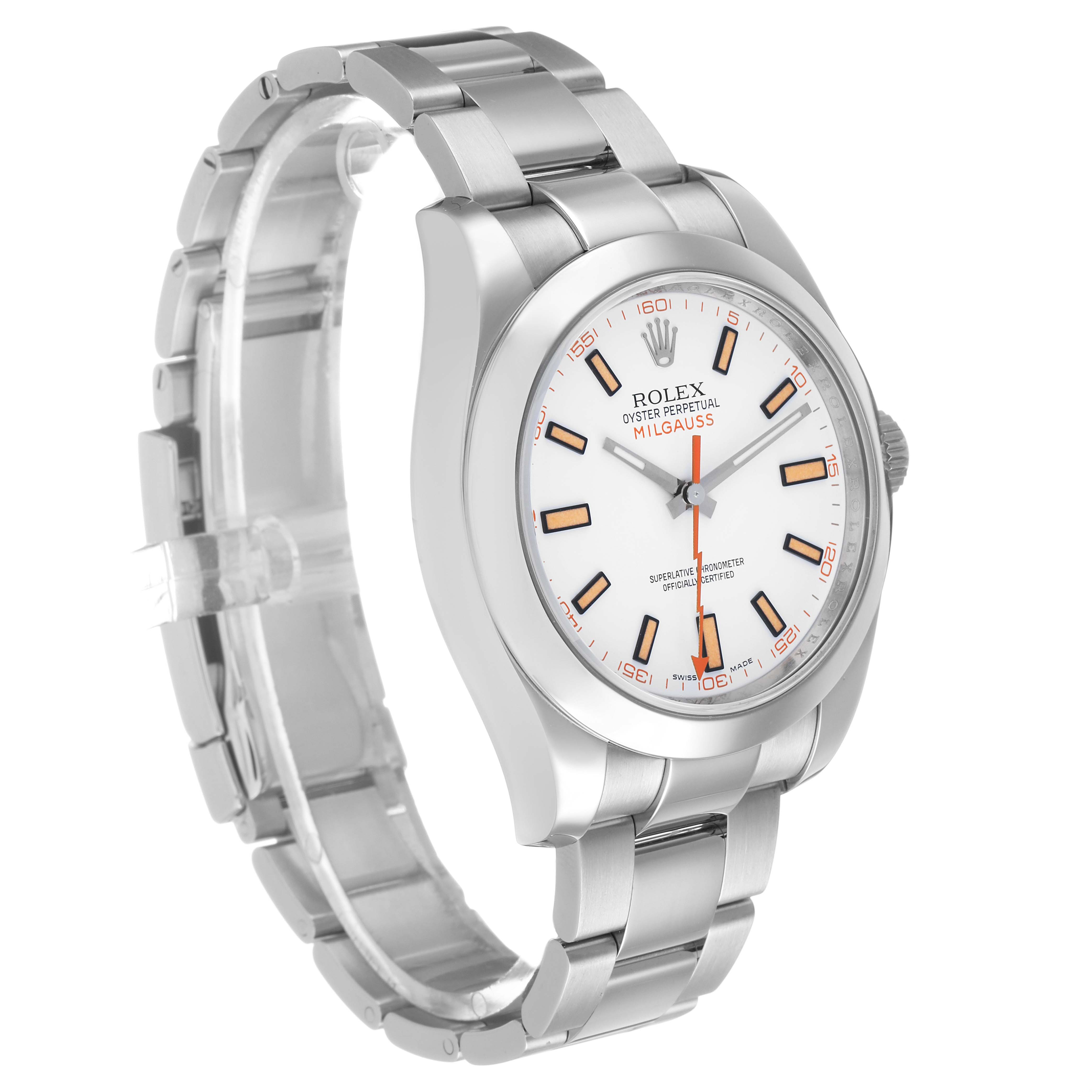 The Rolex Milgauss 116400 Men's Stainless Steel White Dial watch is shown at a three-quarter angle, highlighting the bracelet, case, and dial.