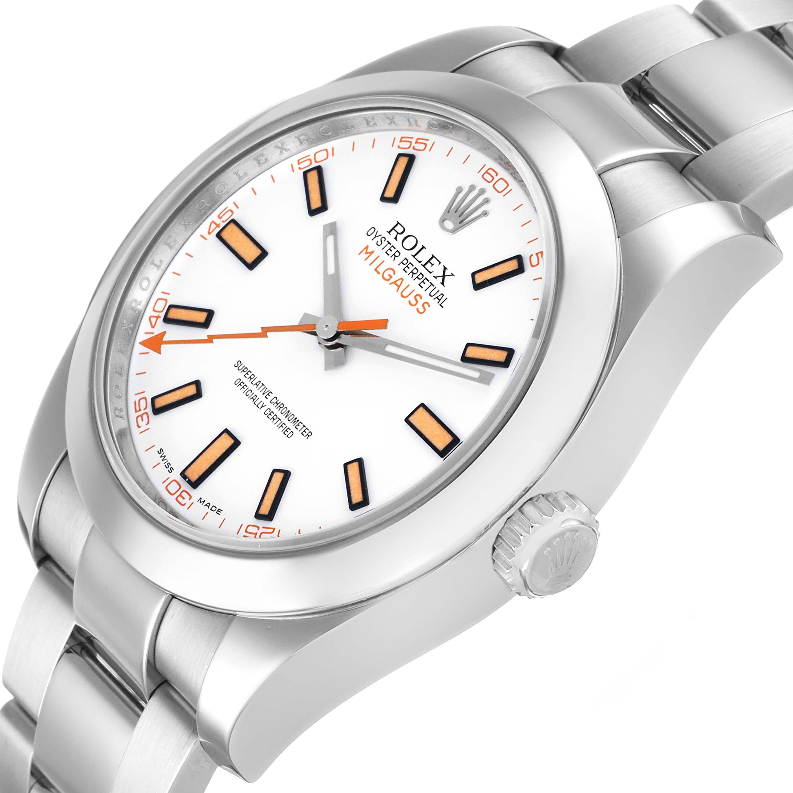 The Rolex Milgauss 116400 Men's Stainless Steel White Dial watch is shown from a slight side angle, highlighting the face, crown, and bracelet.