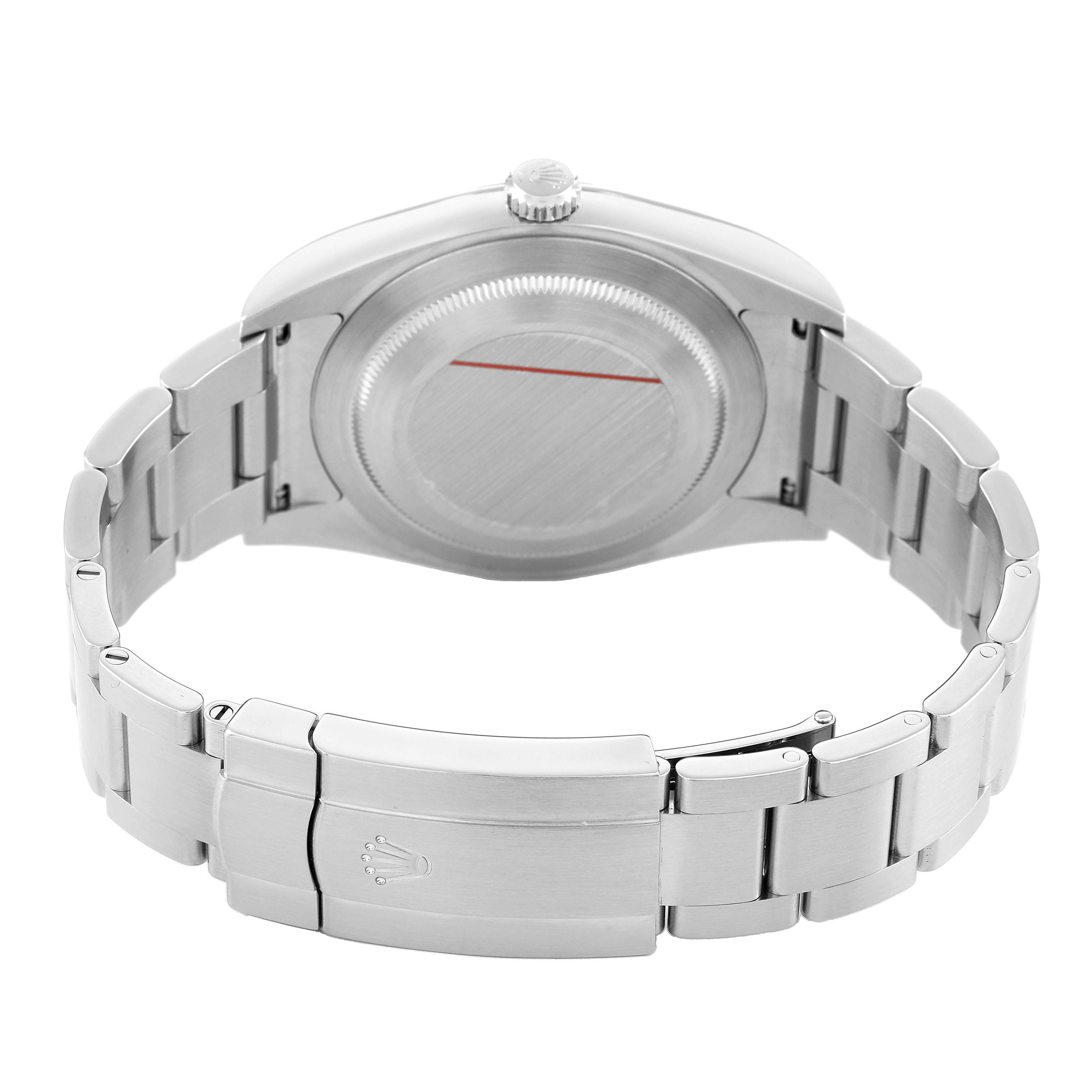 The image shows the back and bracelet of a Rolex Oyster Perpetual 114300 Men's Stainless Steel Blue Dial with a focus on the clasp and case back.