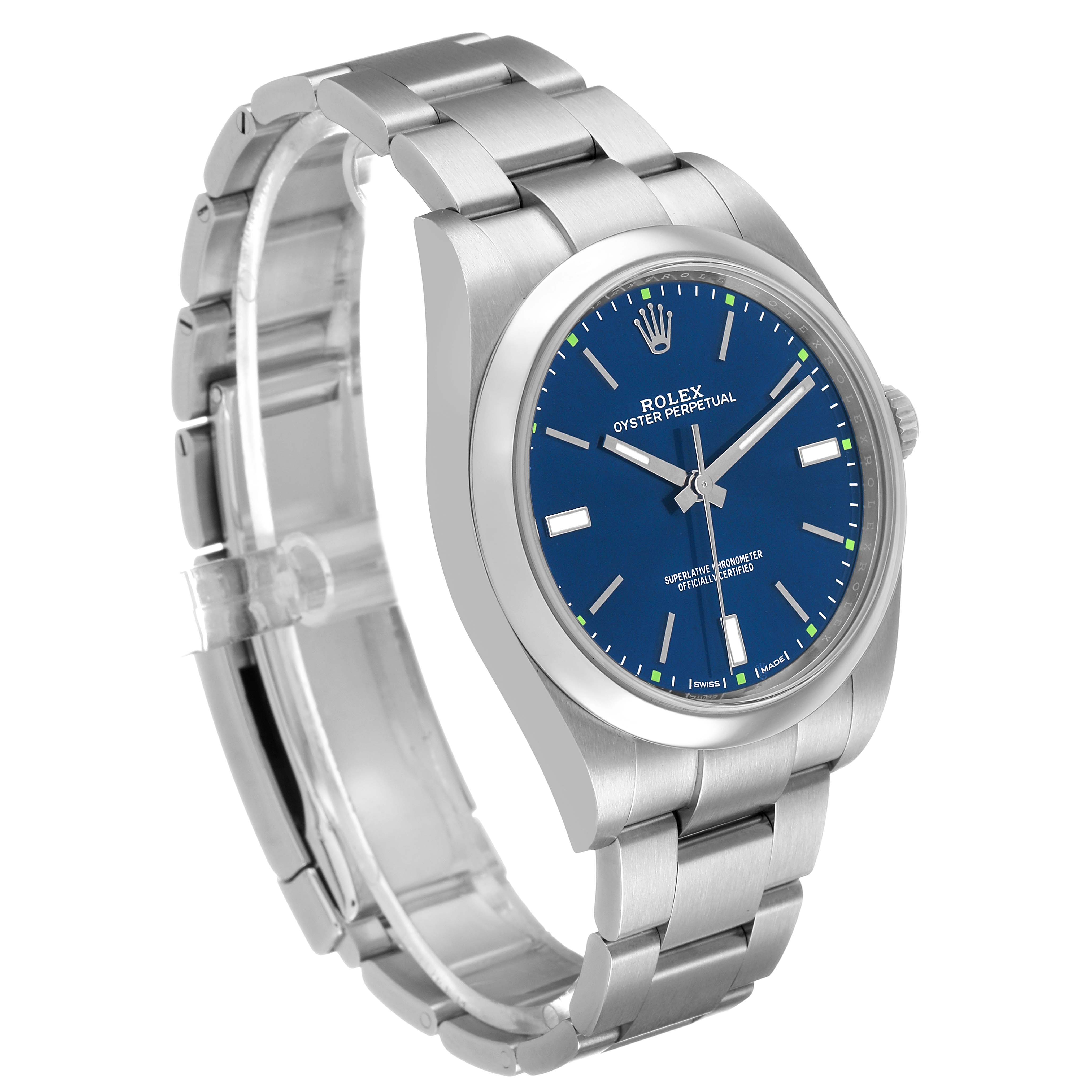 The Rolex Oyster Perpetual 114300 Men's Stainless Steel Blue Dial watch is shown at a three-quarter angle, displaying the face, case, and bracelet.