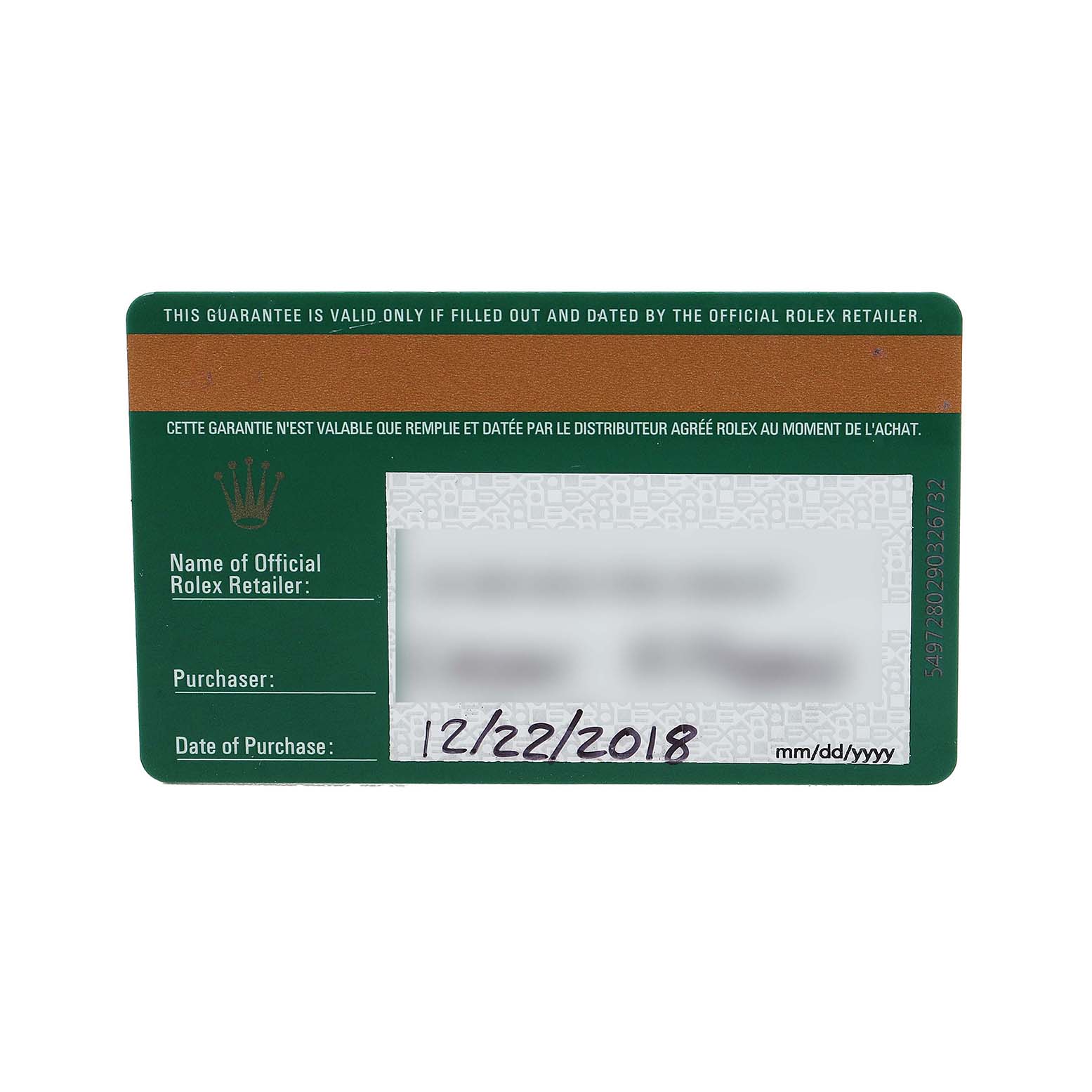 This image shows a warranty card for a Rolex Oyster Perpetual 114300 Men's Stainless Steel Blue Dial watch, displaying purchase details and retailer information.