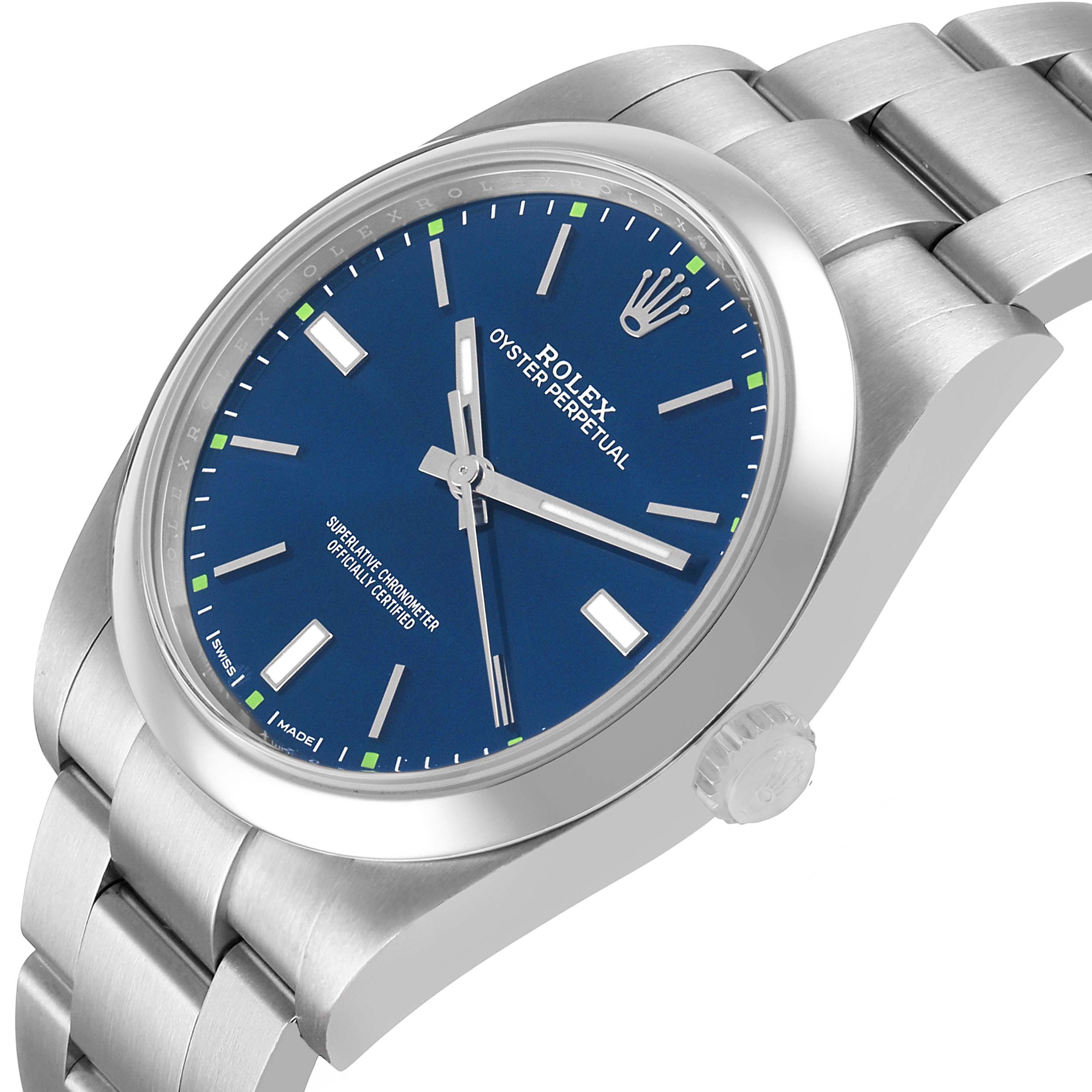 The Rolex Oyster Perpetual 114300 Men's Stainless Steel Blue Dial watch is shown at an angled side view, highlighting the dial, case, bracelet, and crown.