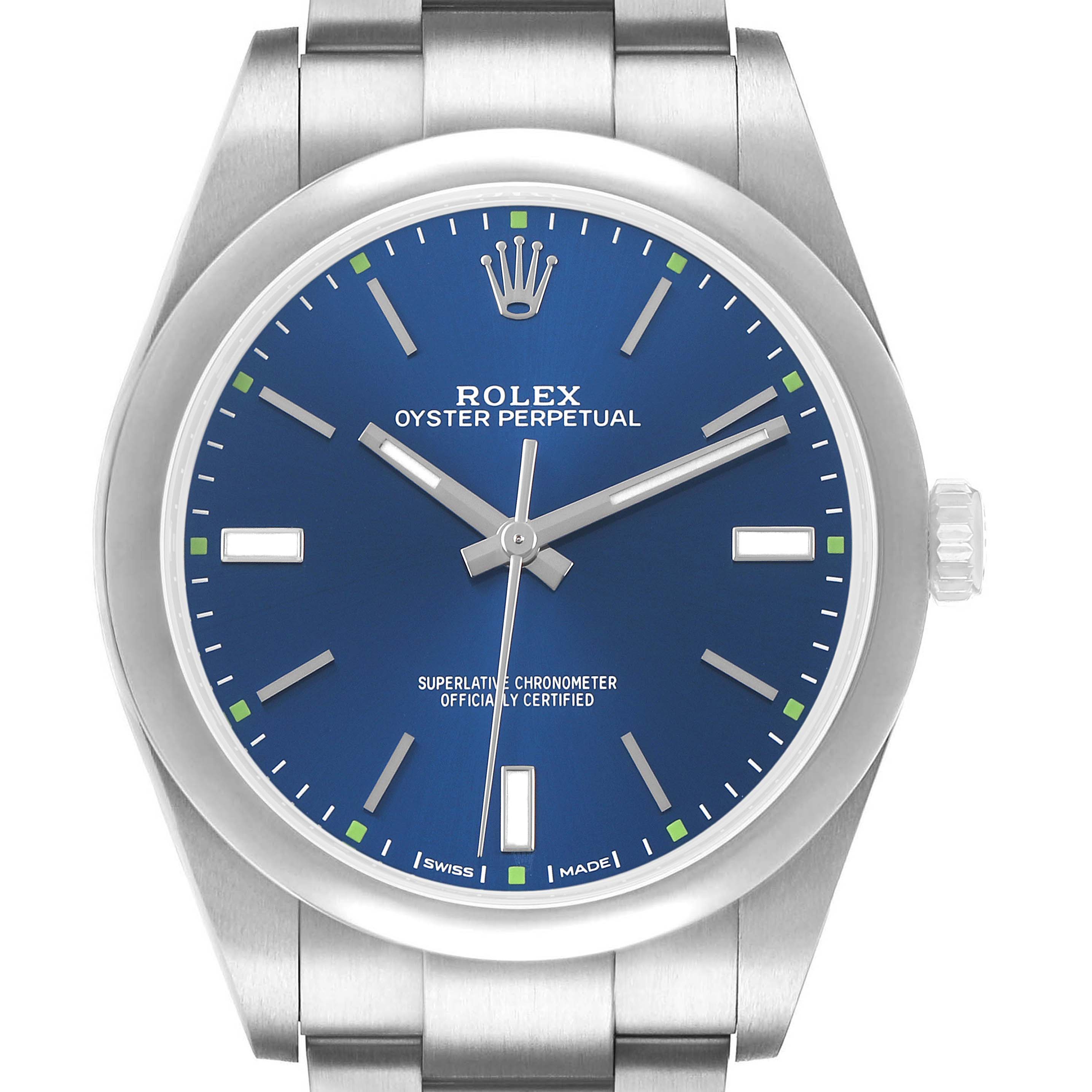 This Rolex Oyster Perpetual 114300 Men's Stainless Steel Blue Dial watch is shown from the front, displaying the blue dial, markers, and part of the bracelet.