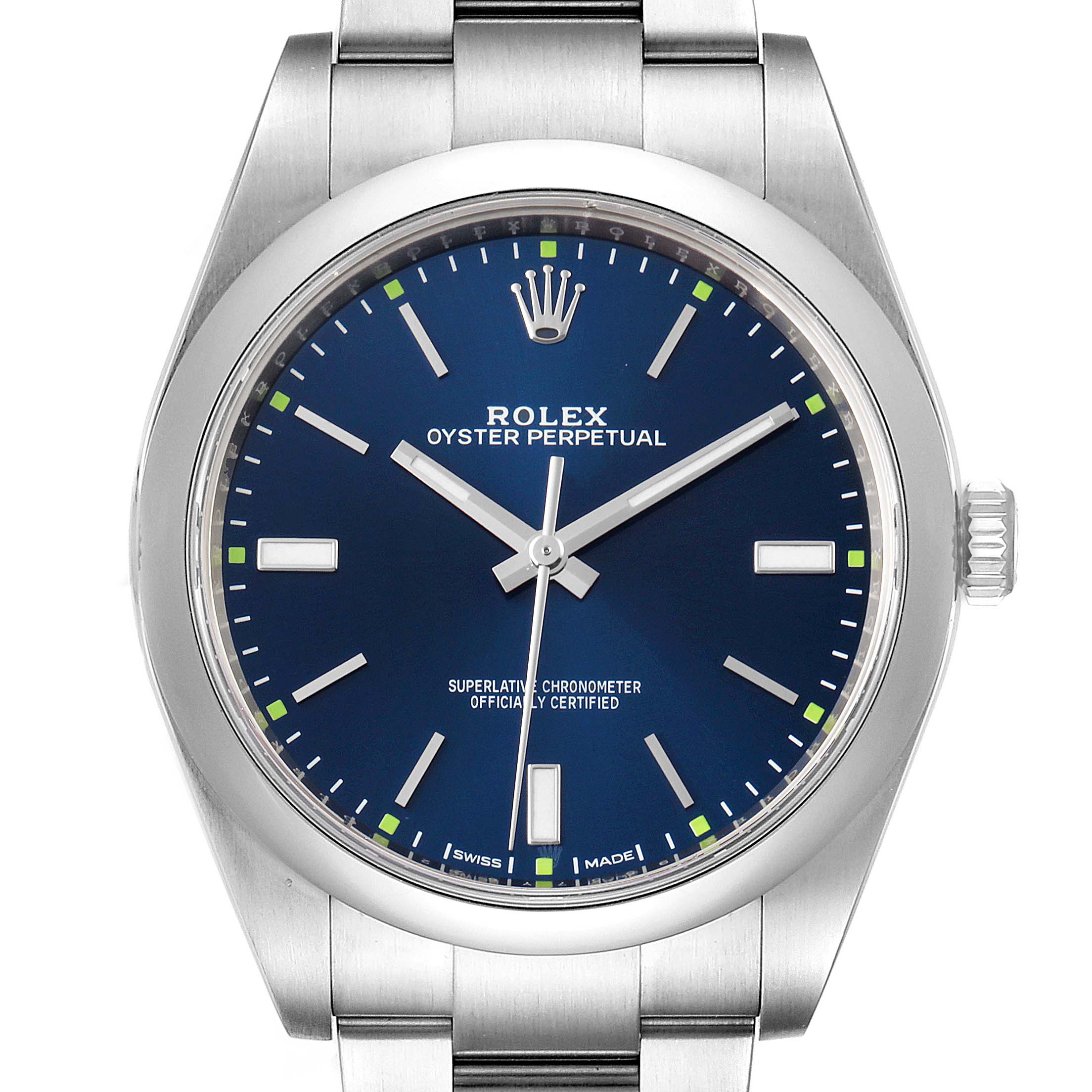 The image shows a front angle of a Rolex Oyster Perpetual 114300 Men's Stainless Steel Blue Dial 114300 Men's Stainless Steel Blue Dial watch, featuring its blue dial and stainless steel bracelet.