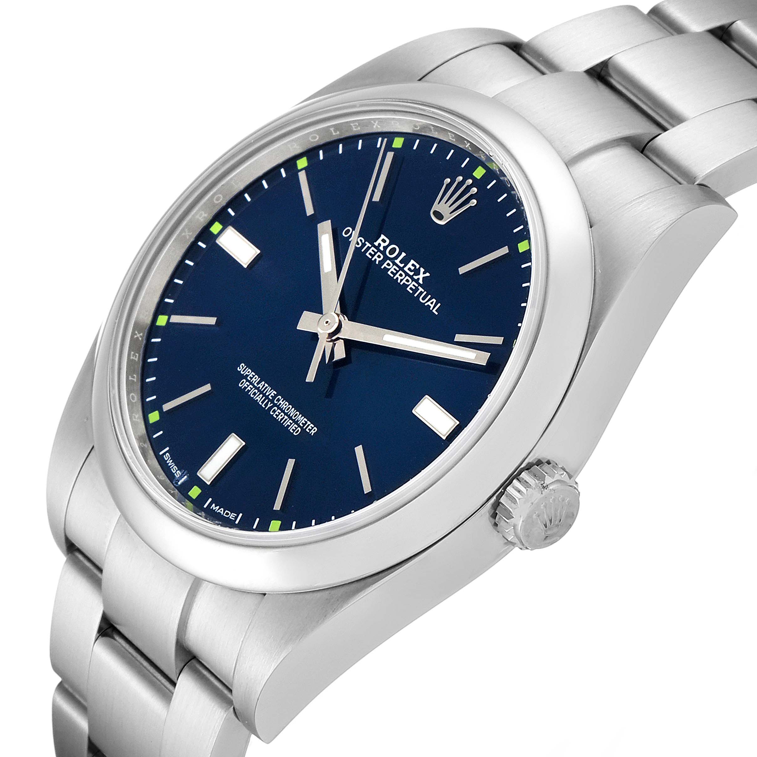 This is a close-up of the Rolex Oyster Perpetual 114300 Men's Stainless Steel Blue Dial 114300 Men's Stainless Steel Blue Dial watch showing the face, crown, and part of the bracelet from a slight side angle.