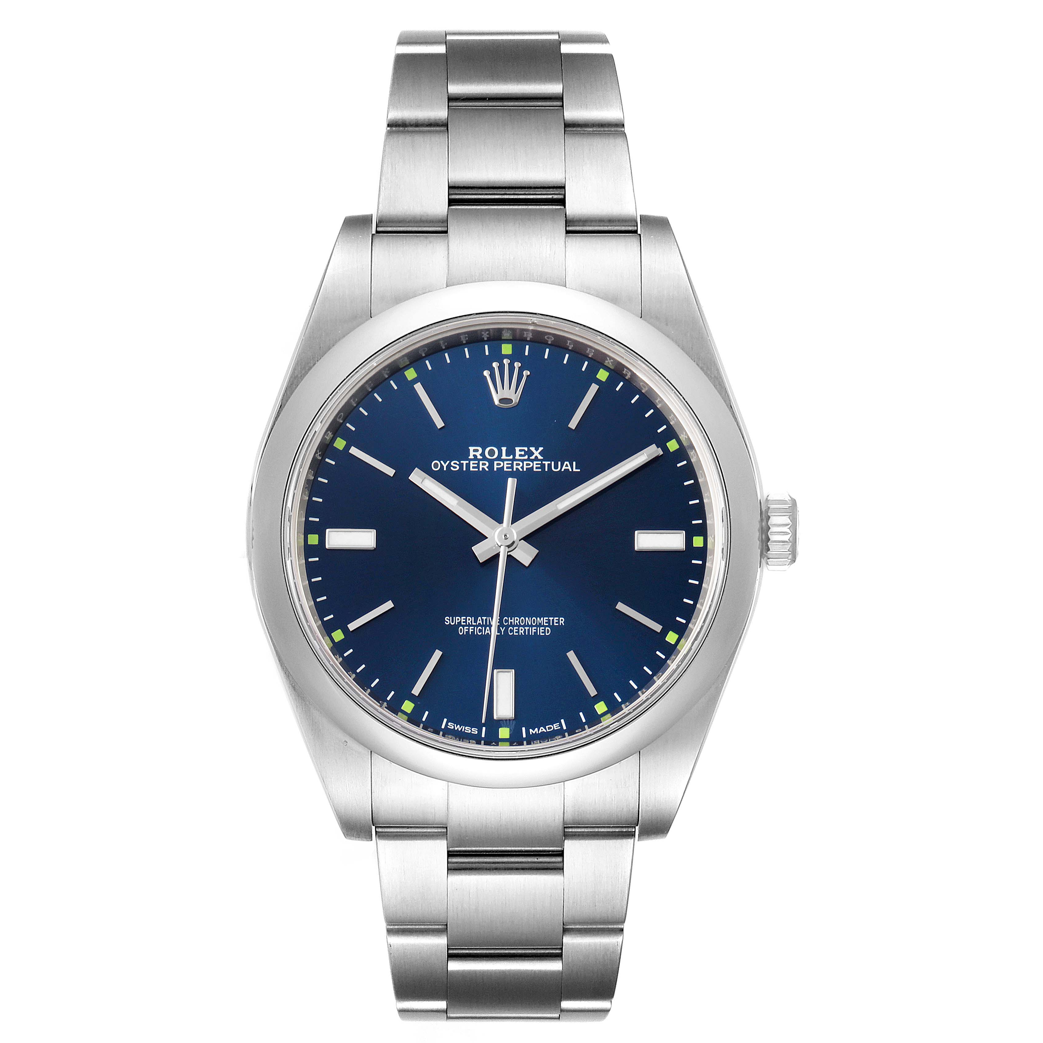 This image shows a front view of a Rolex Oyster Perpetual 114300 Men's Stainless Steel Blue Dial 114300 Men's Stainless Steel Blue Dial watch, highlighting its blue dial, stainless steel case, and bracelet.