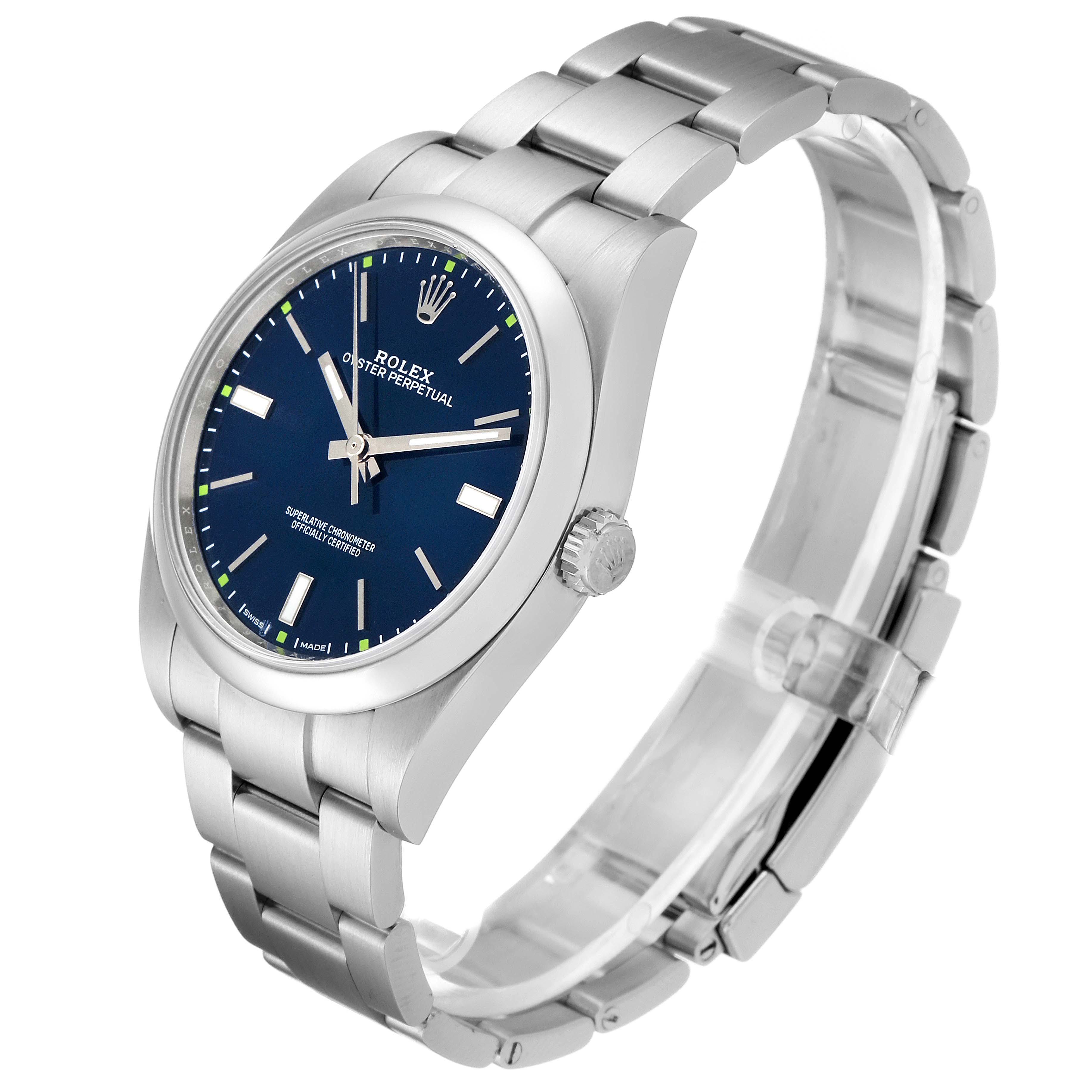 This Rolex Oyster Perpetual 114300 Men's Stainless Steel Blue Dial 114300 Men's Stainless Steel Blue Dial watch is shown at an angled side view, highlighting the face, bezel, and bracelet.