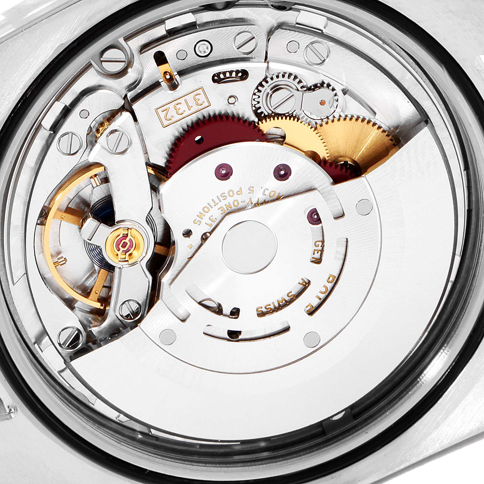 The image shows the Rolex Oyster Perpetual 114300 Men's Stainless Steel Blue Dial 114300 Men's Stainless Steel Blue Dial's movement and inner mechanical parts from a rear angle.