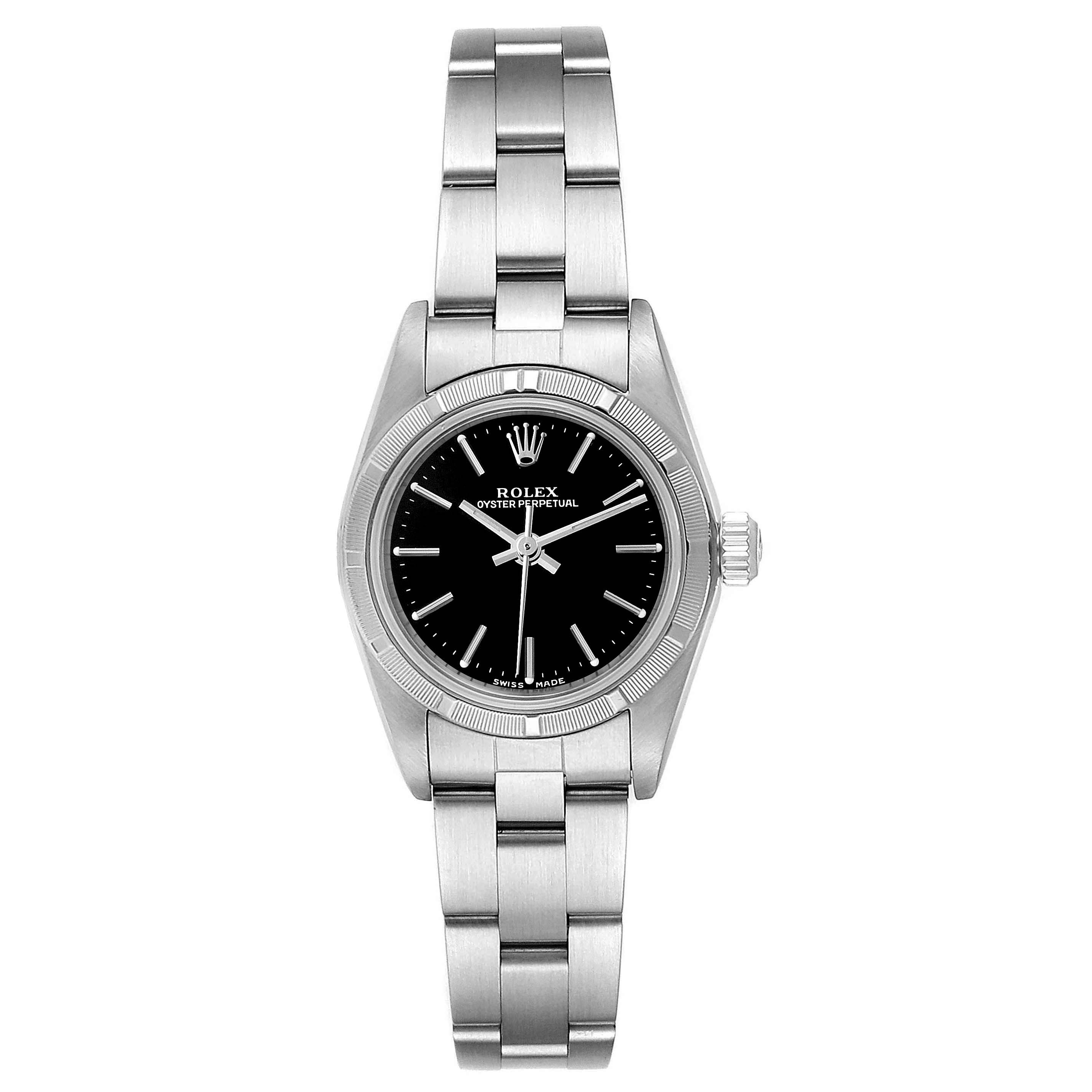 This image shows a front view of a Rolex Oyster Perpetual 76030 Men's Stainless Steel Black Dial 76030 Men's Stainless Steel Black Dial watch, displaying the dial, case, bezel, crown, and stainless steel bracelet.