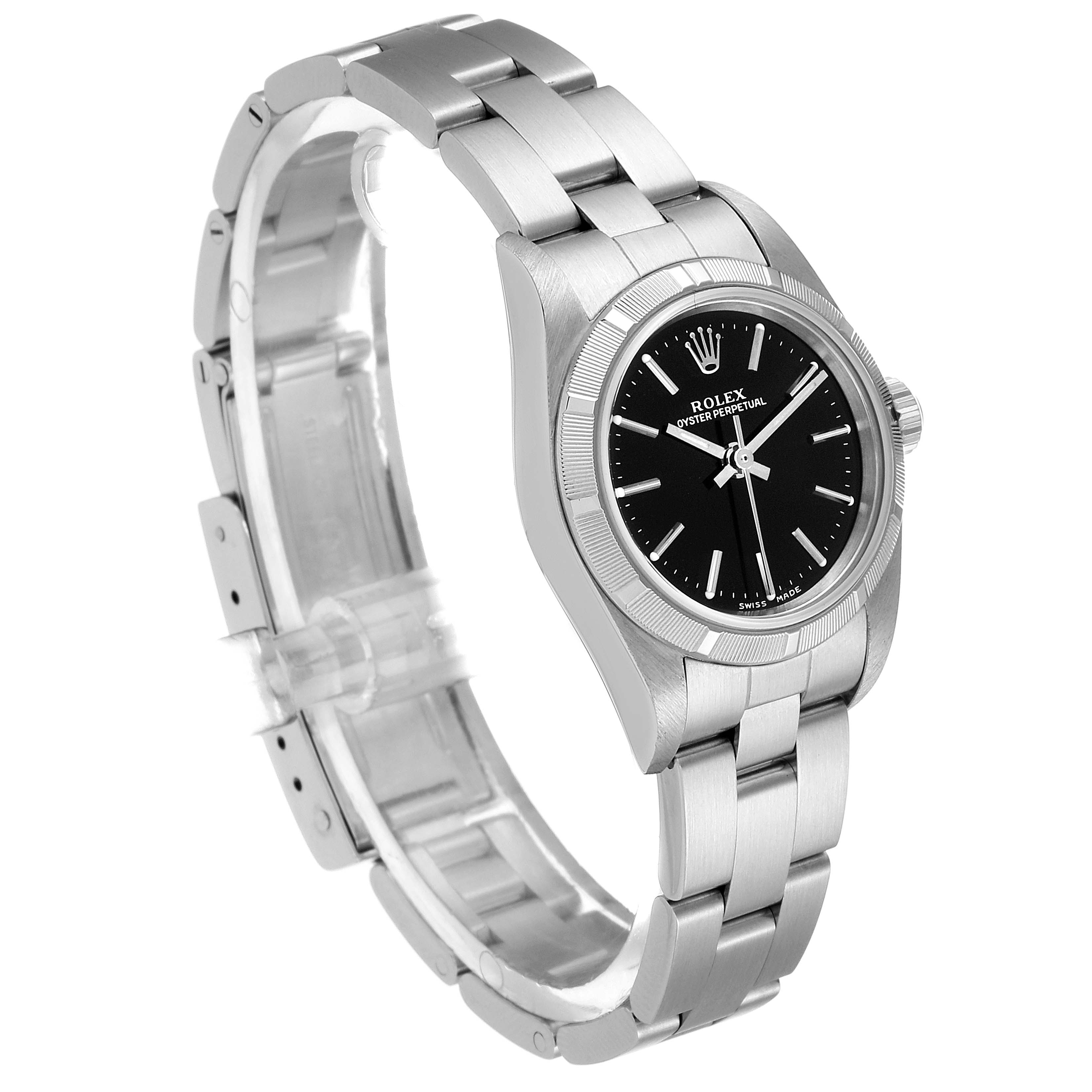 This image shows a side angle of a Rolex Oyster Perpetual 76030 Men's Stainless Steel Black Dial 76030 Men's Stainless Steel Black Dial watch, displaying the dial, bracelet, and clasp.