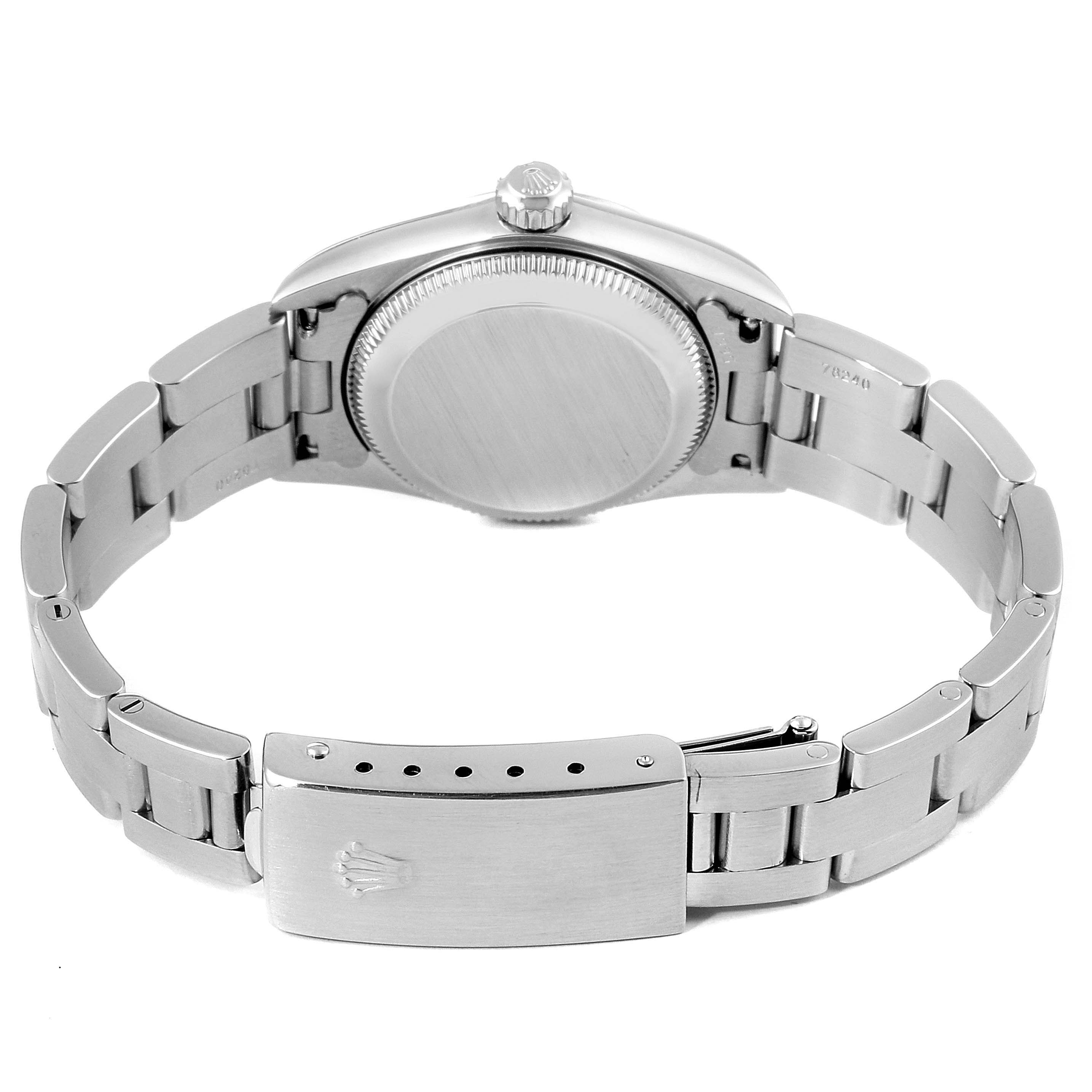 This image shows the back case and bracelet clasp of a Rolex Oyster Perpetual 76030 Men's Stainless Steel Black Dial 76030 Men's Stainless Steel Black Dial watch from a rear angle.