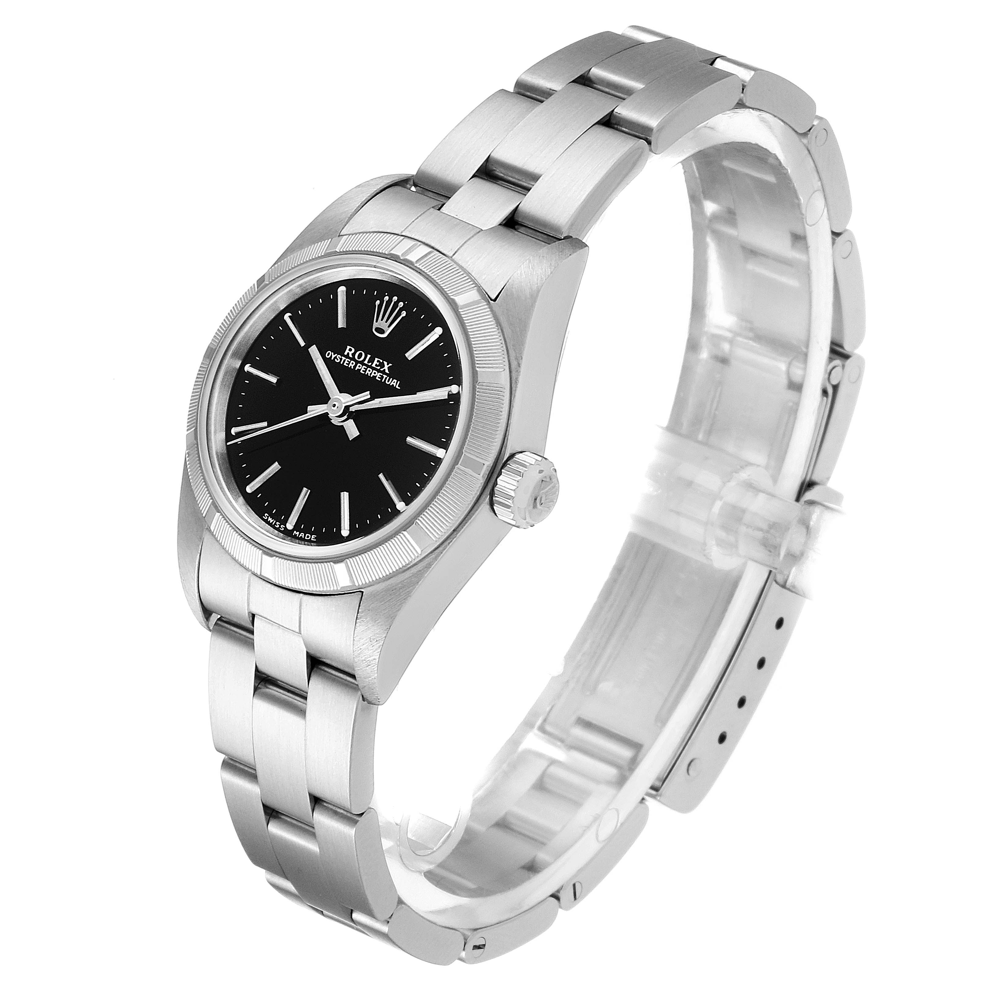 The image shows a Rolex Oyster Perpetual 76030 Men's Stainless Steel Black Dial 76030 Men's Stainless Steel Black Dial watch at a slight angle, highlighting the bracelet, crown, and black dial.