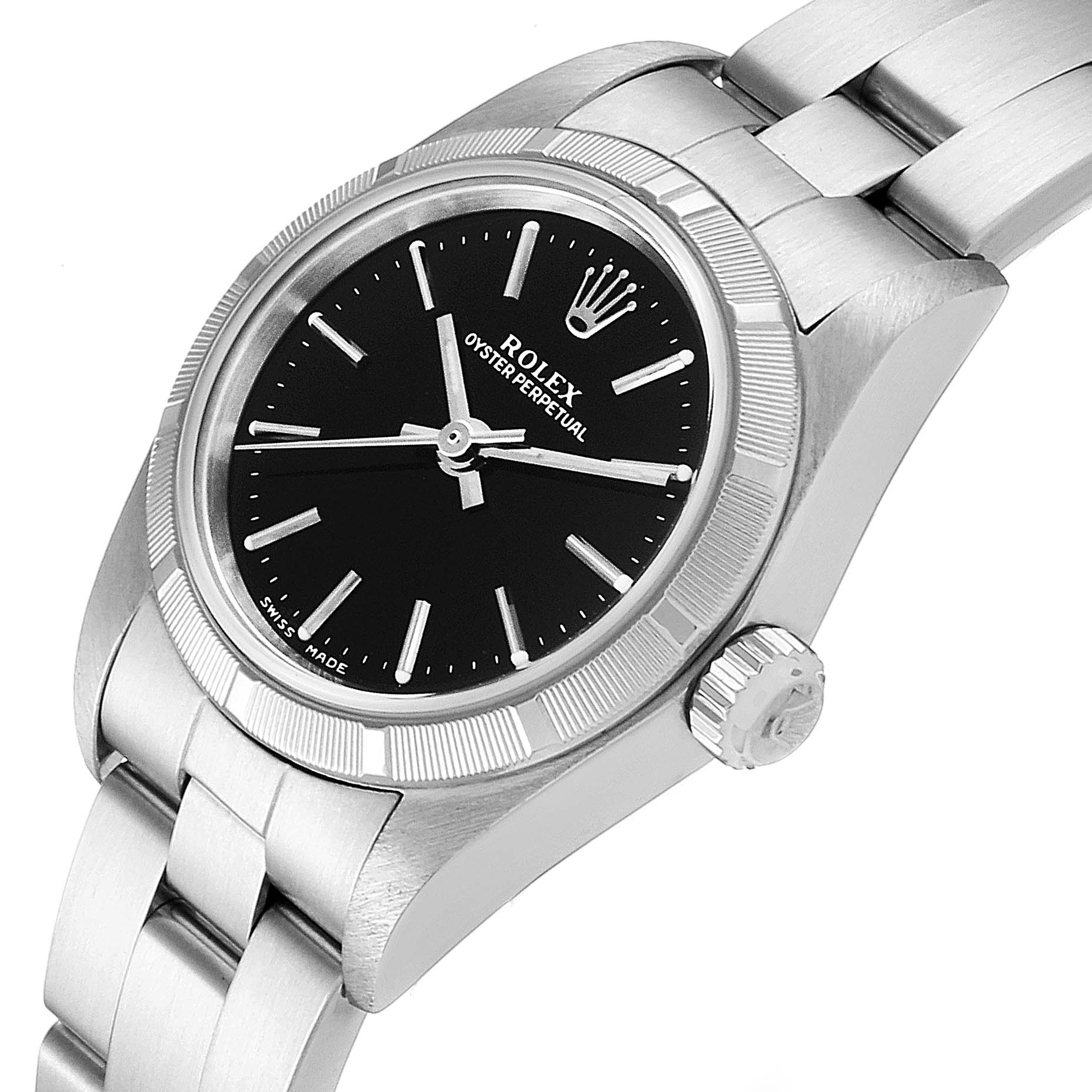 The image shows a Rolex Oyster Perpetual 76030 Men's Stainless Steel Black Dial 76030 Men's Stainless Steel Black Dial watch angled to display its black dial, case, crown, and part of the bracelet.