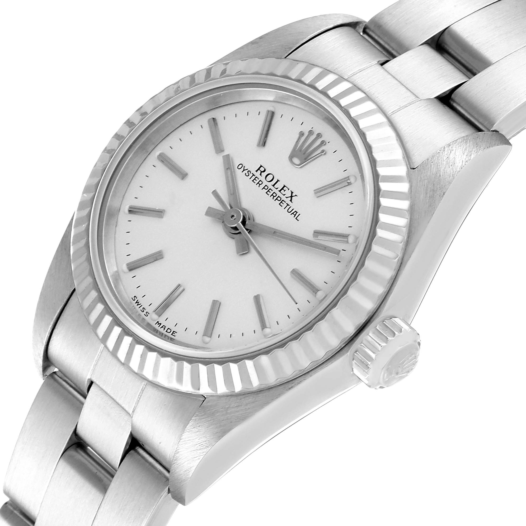 The image shows a close-up angle of a Rolex Oyster Perpetual 76094 Women
s Stainless Steel Silver Dial 76094 Women
s Stainless Steel Silver Dial watch, highlighting the dial, crown, and part of the bracelet.
