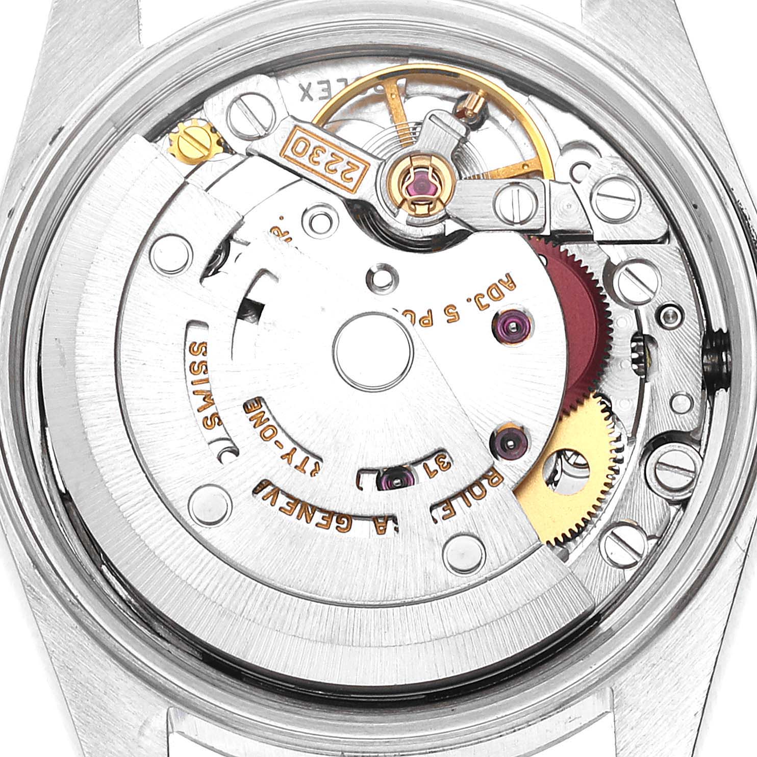 The image shows the inner mechanical movement of a Rolex Oyster Perpetual 76094 Women
s Stainless Steel Silver Dial 76094 Women
s Stainless Steel Silver Dial model from a back view.