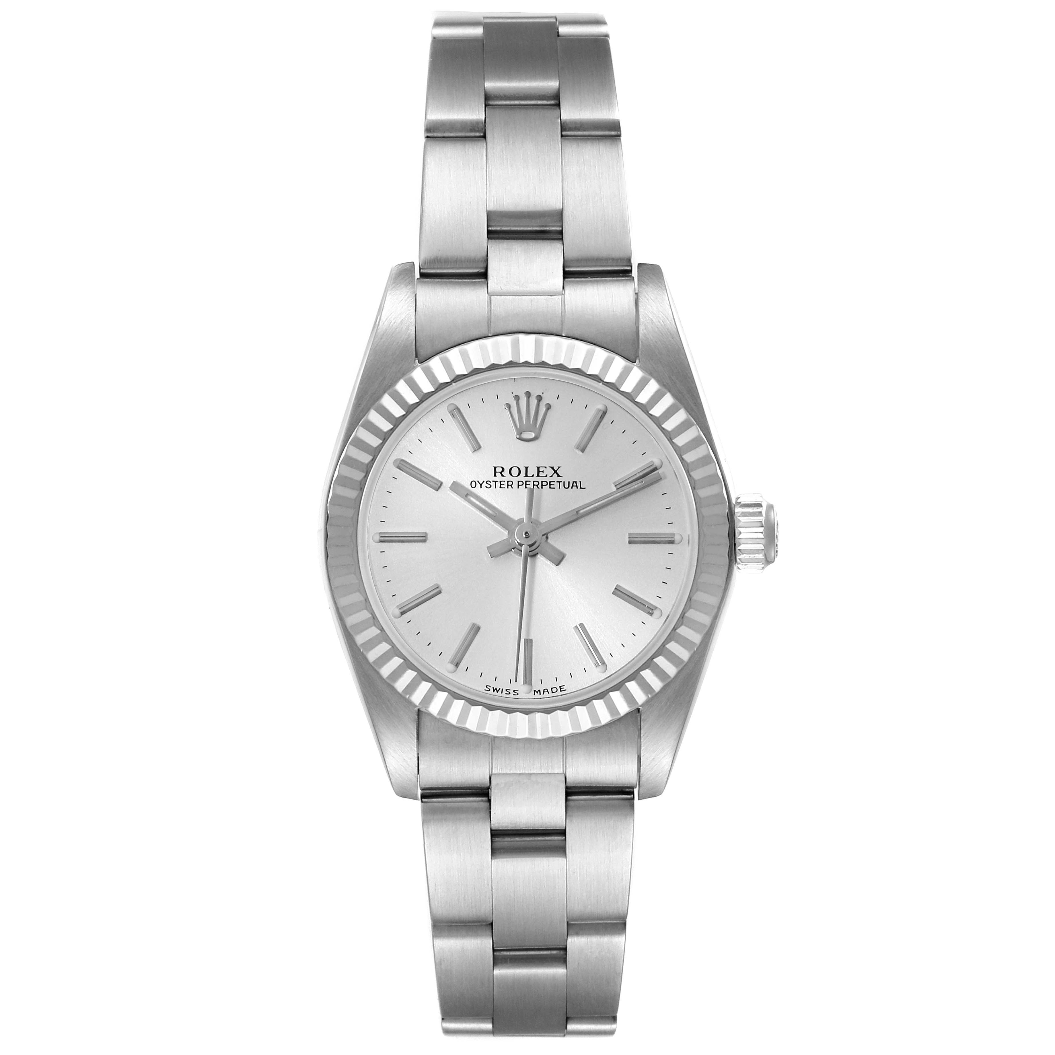 This image shows the front view of a Rolex Oyster Perpetual 76094 Women
s Stainless Steel Silver Dial 76094 Women
s Stainless Steel Silver Dial watch, displaying its face, bezel, and stainless steel bracelet.